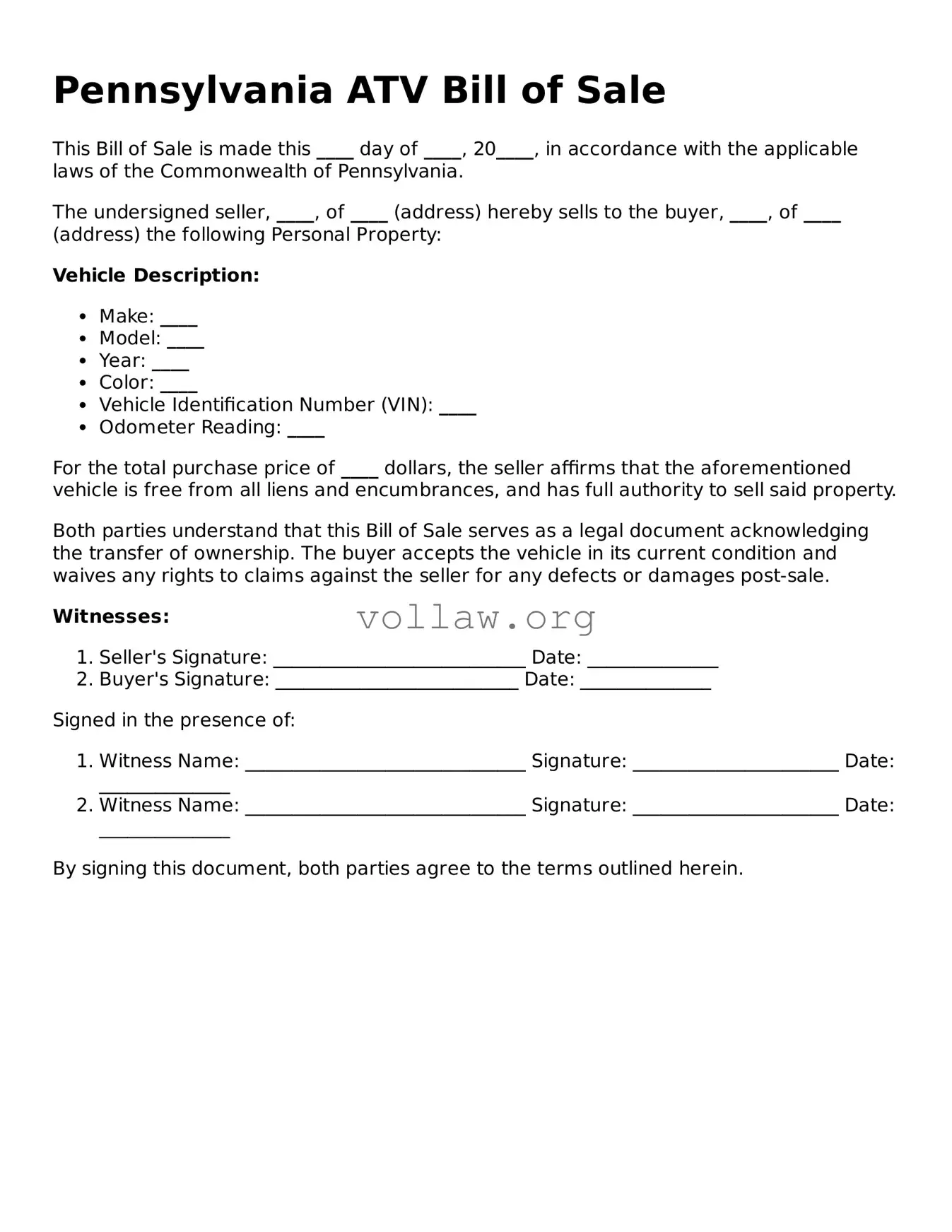 Attorney-Verified  ATV Bill of Sale Form for Pennsylvania