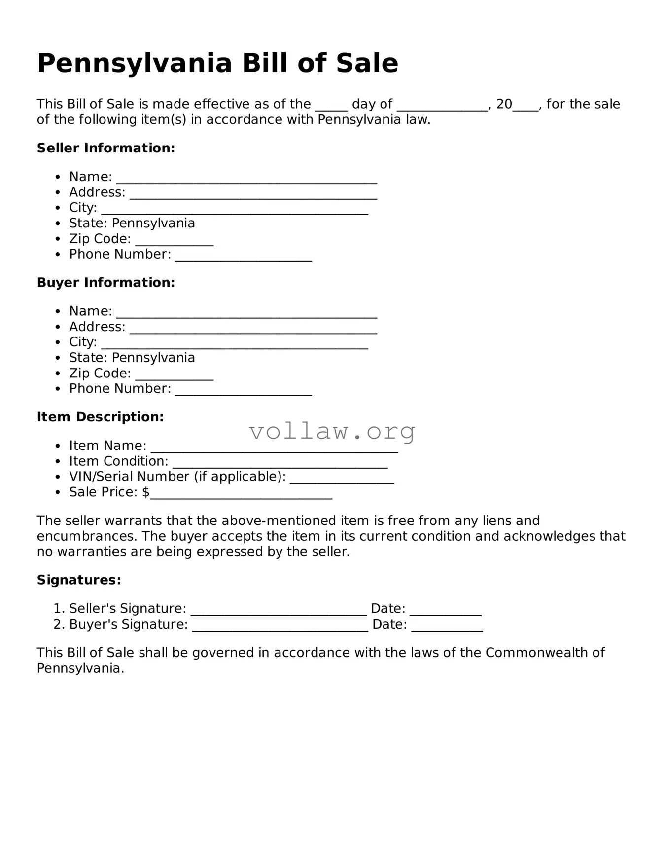 Attorney-Verified  Bill of Sale Form for Pennsylvania