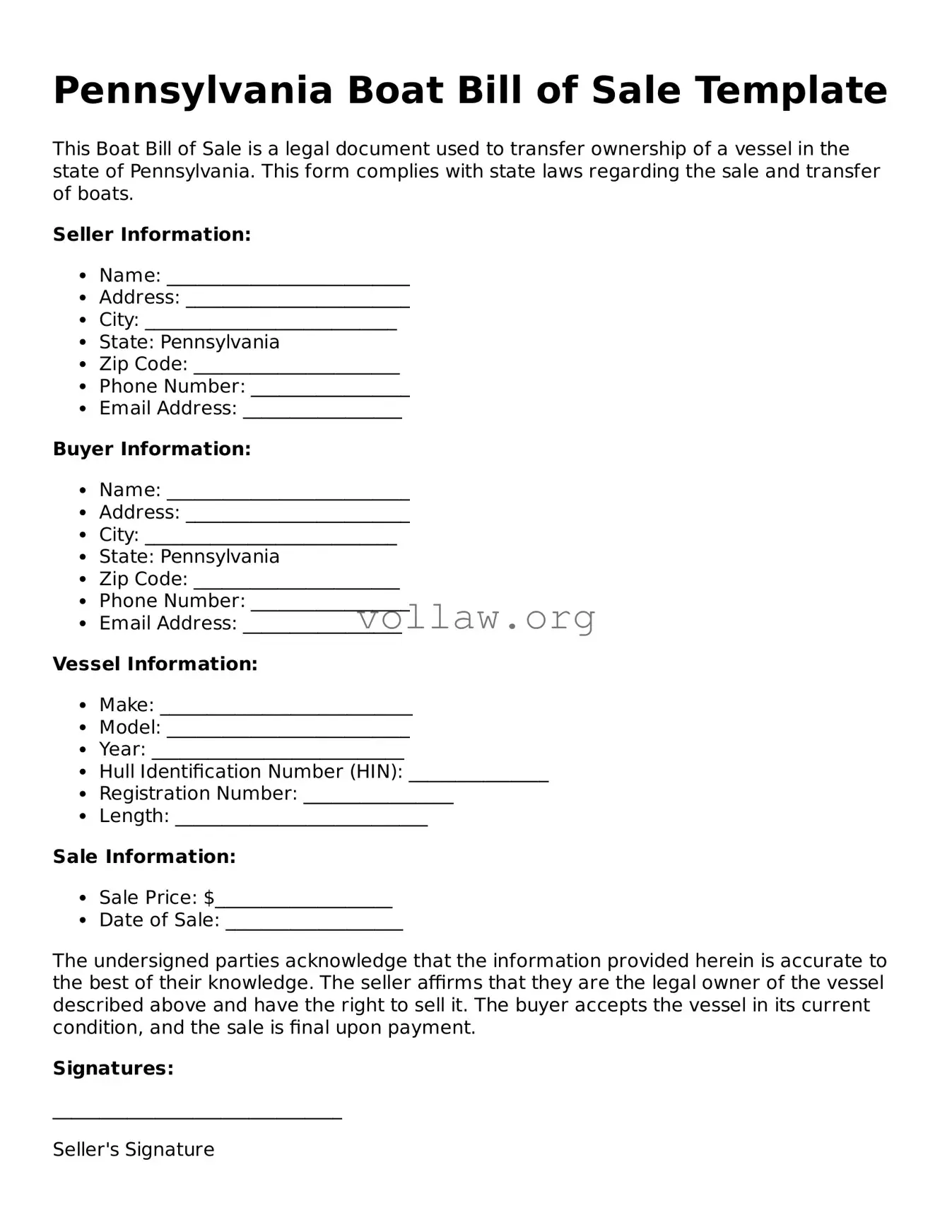 Attorney-Verified  Boat Bill of Sale Form for Pennsylvania