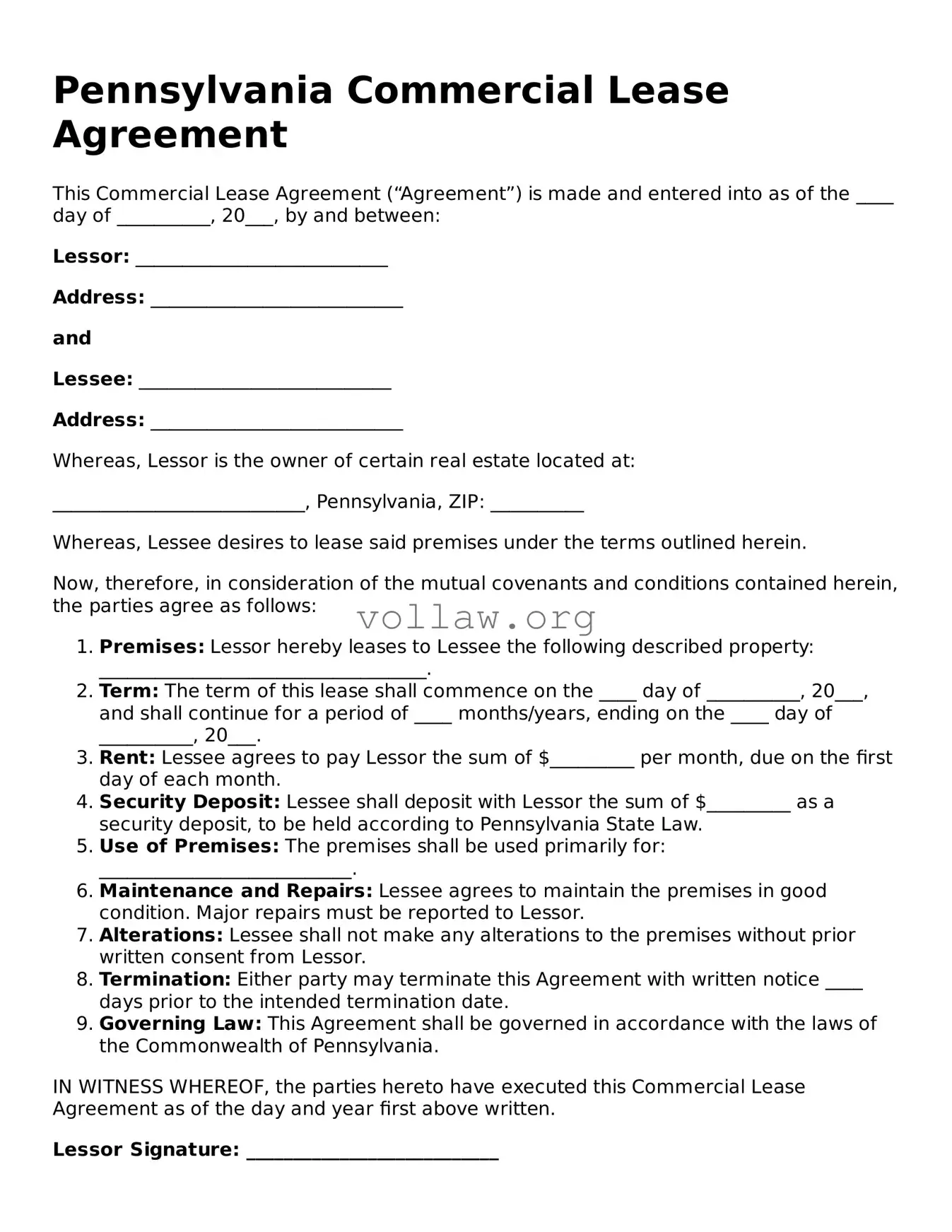 Attorney-Verified  Commercial Lease Agreement Form for Pennsylvania