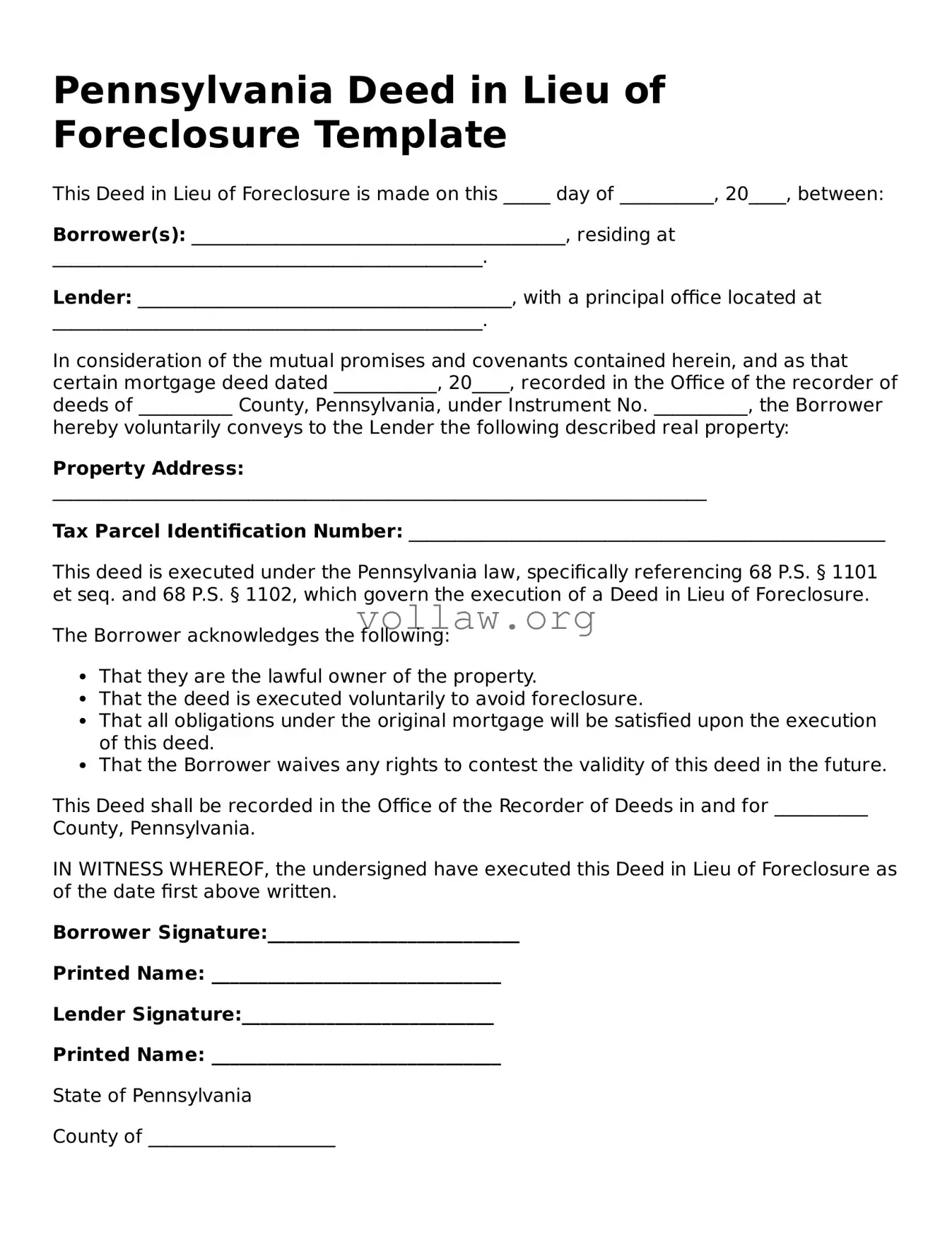 Attorney-Verified  Deed in Lieu of Foreclosure Form for Pennsylvania