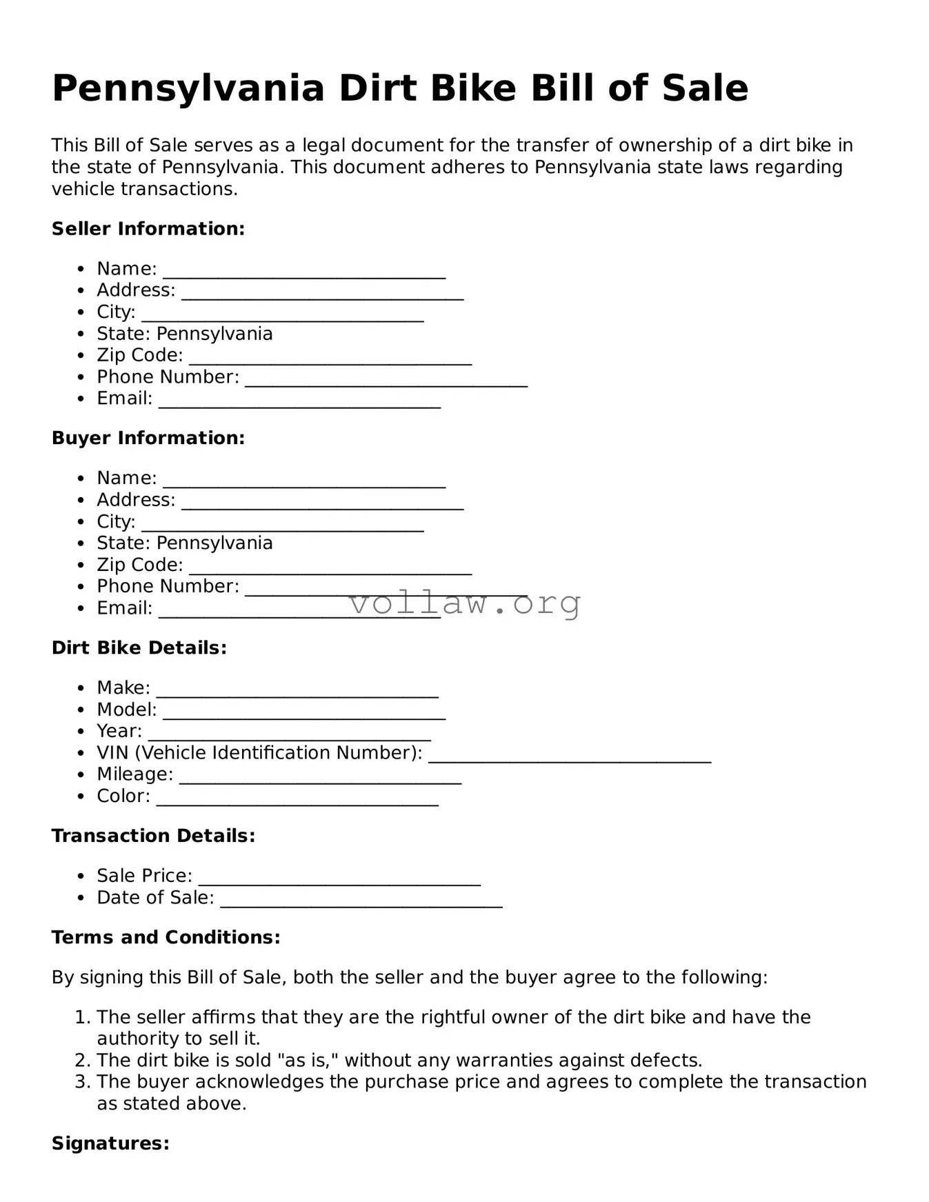 Attorney-Verified  Dirt Bike Bill of Sale Form for Pennsylvania