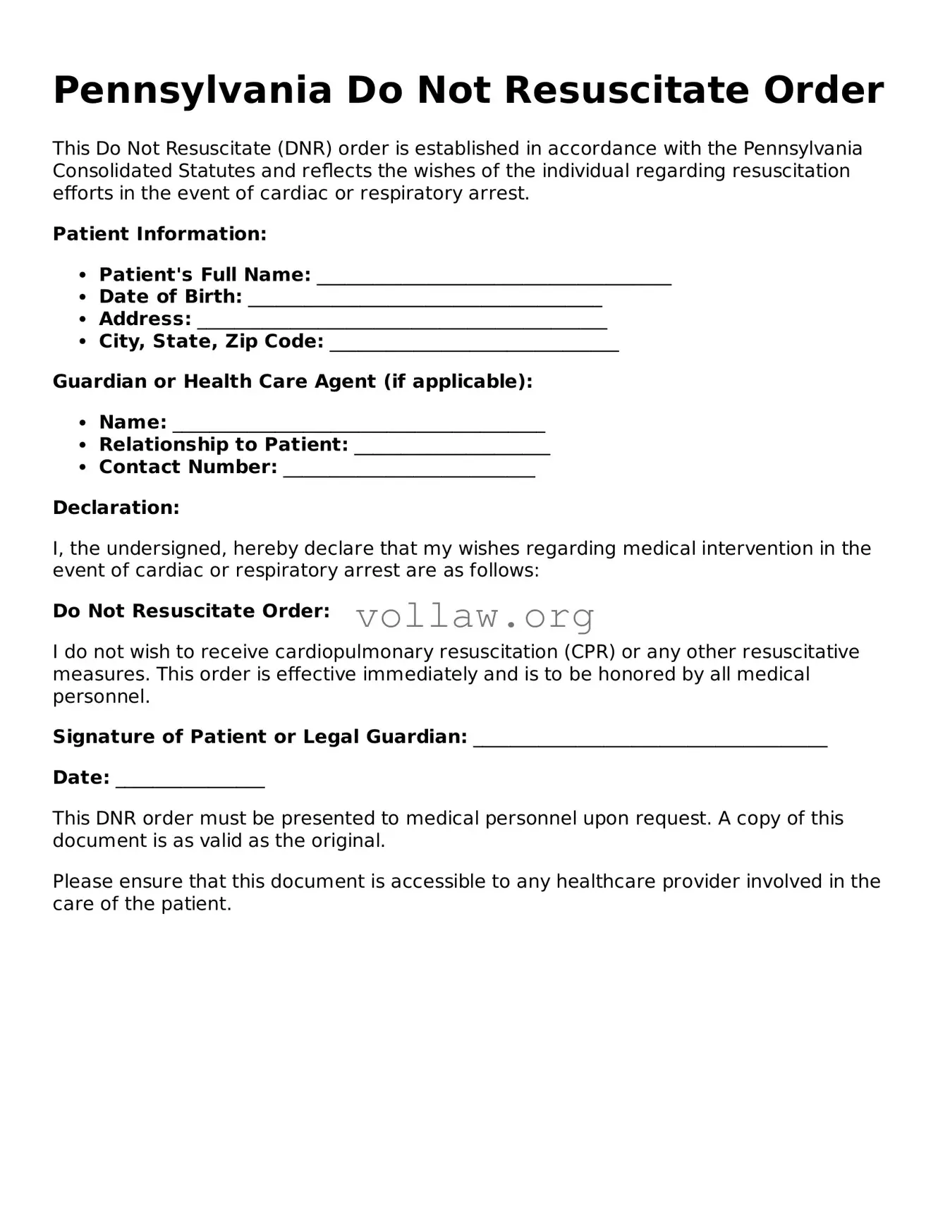 Attorney-Verified  Do Not Resuscitate Order Form for Pennsylvania