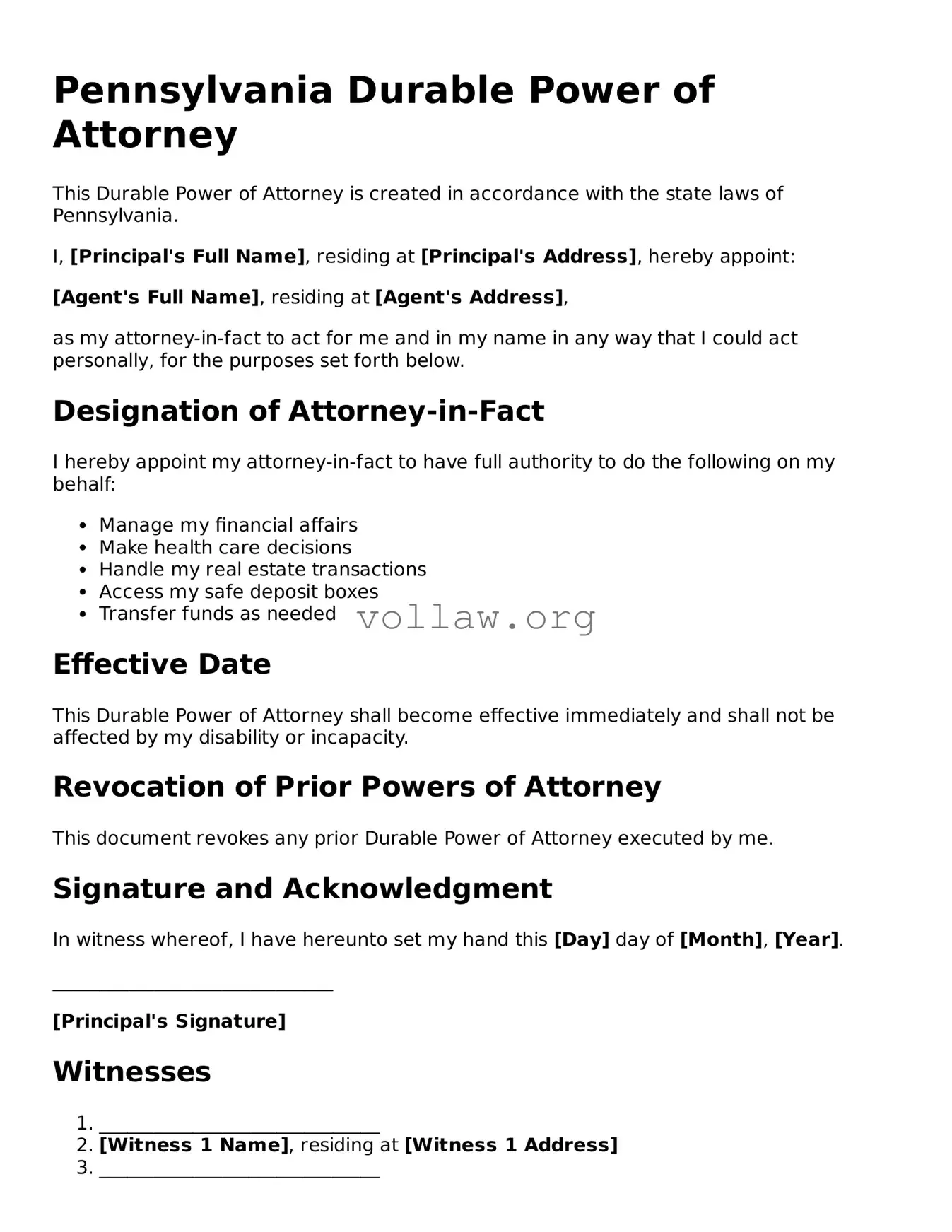 Attorney-Verified  Durable Power of Attorney Form for Pennsylvania