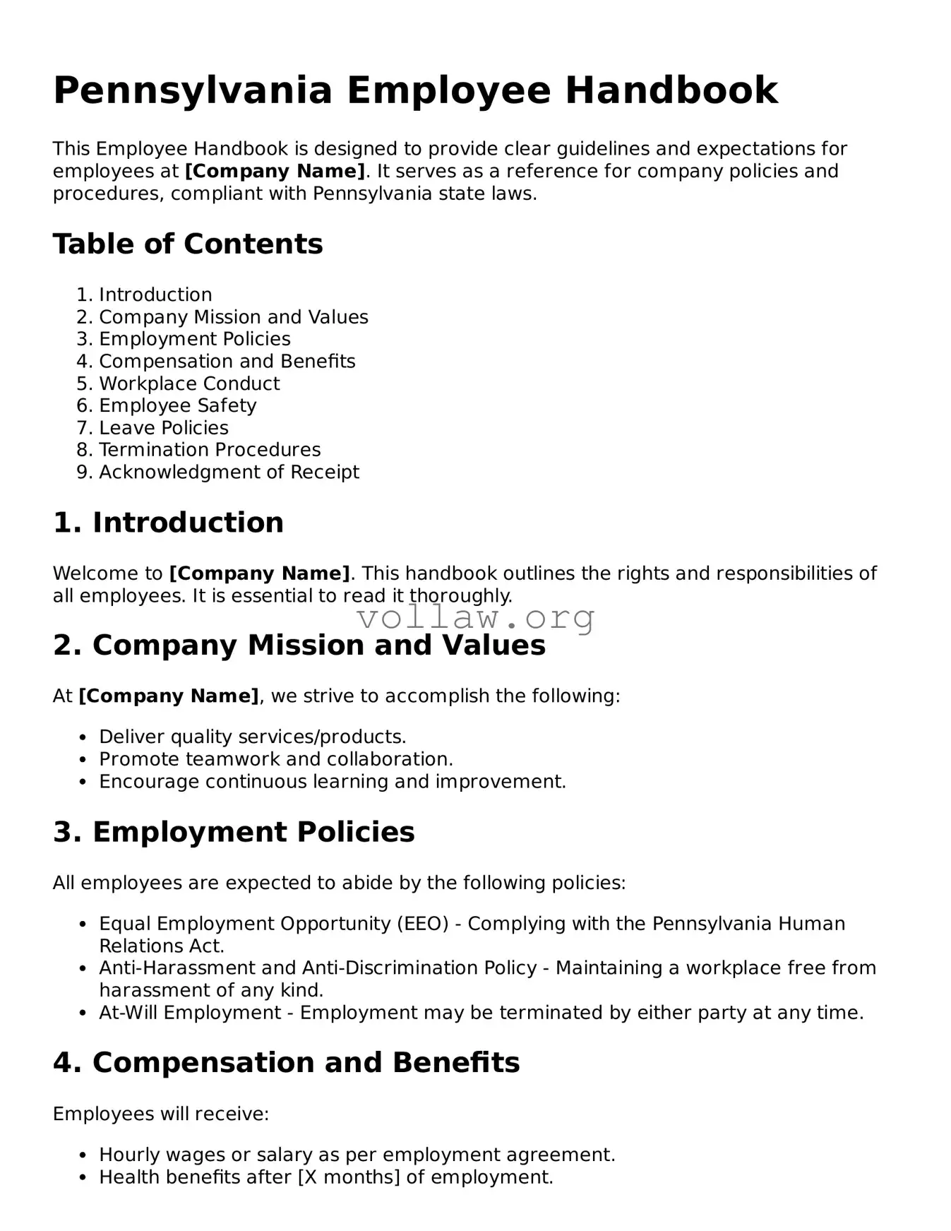 Attorney-Verified  Employee Handbook Form for Pennsylvania
