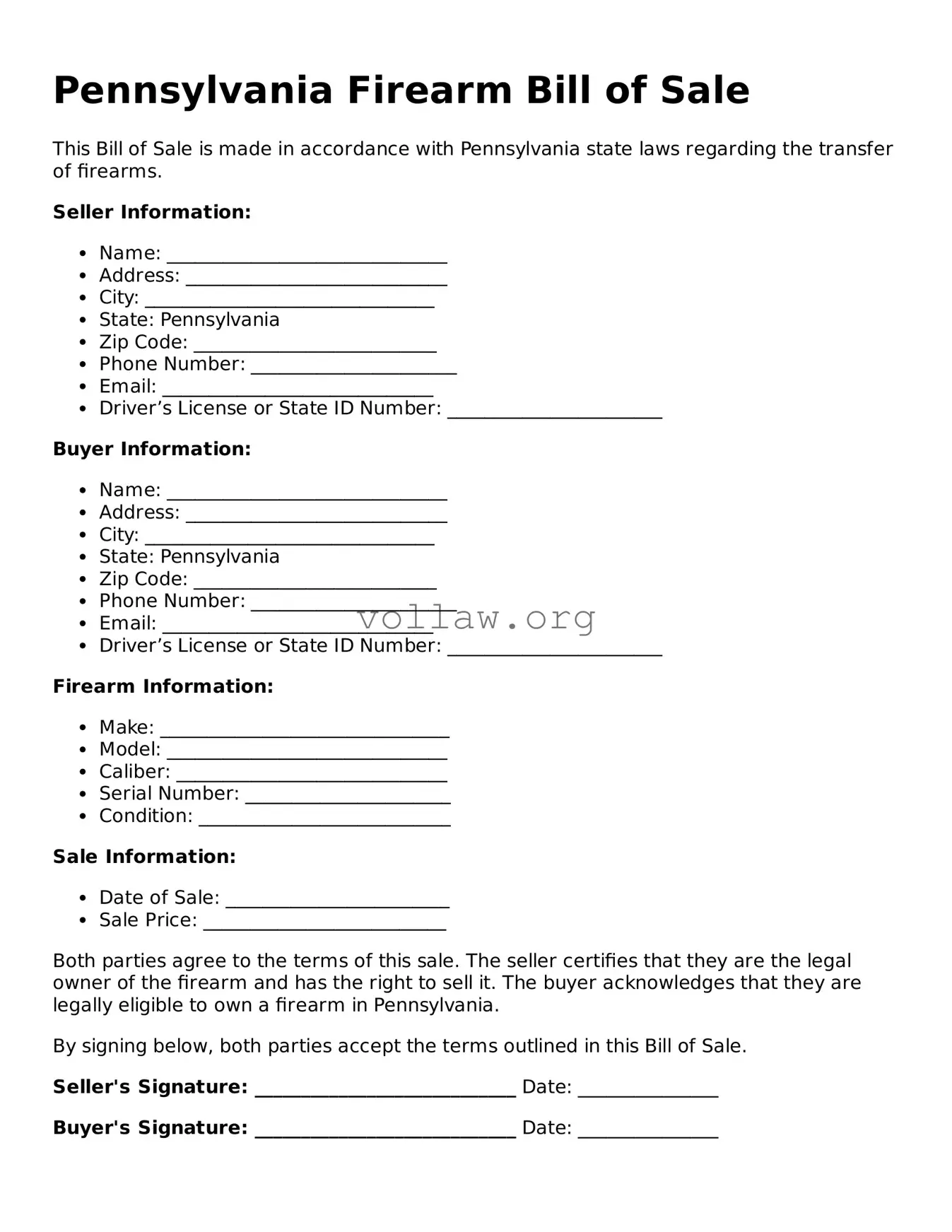 Attorney-Verified  Firearm Bill of Sale Form for Pennsylvania