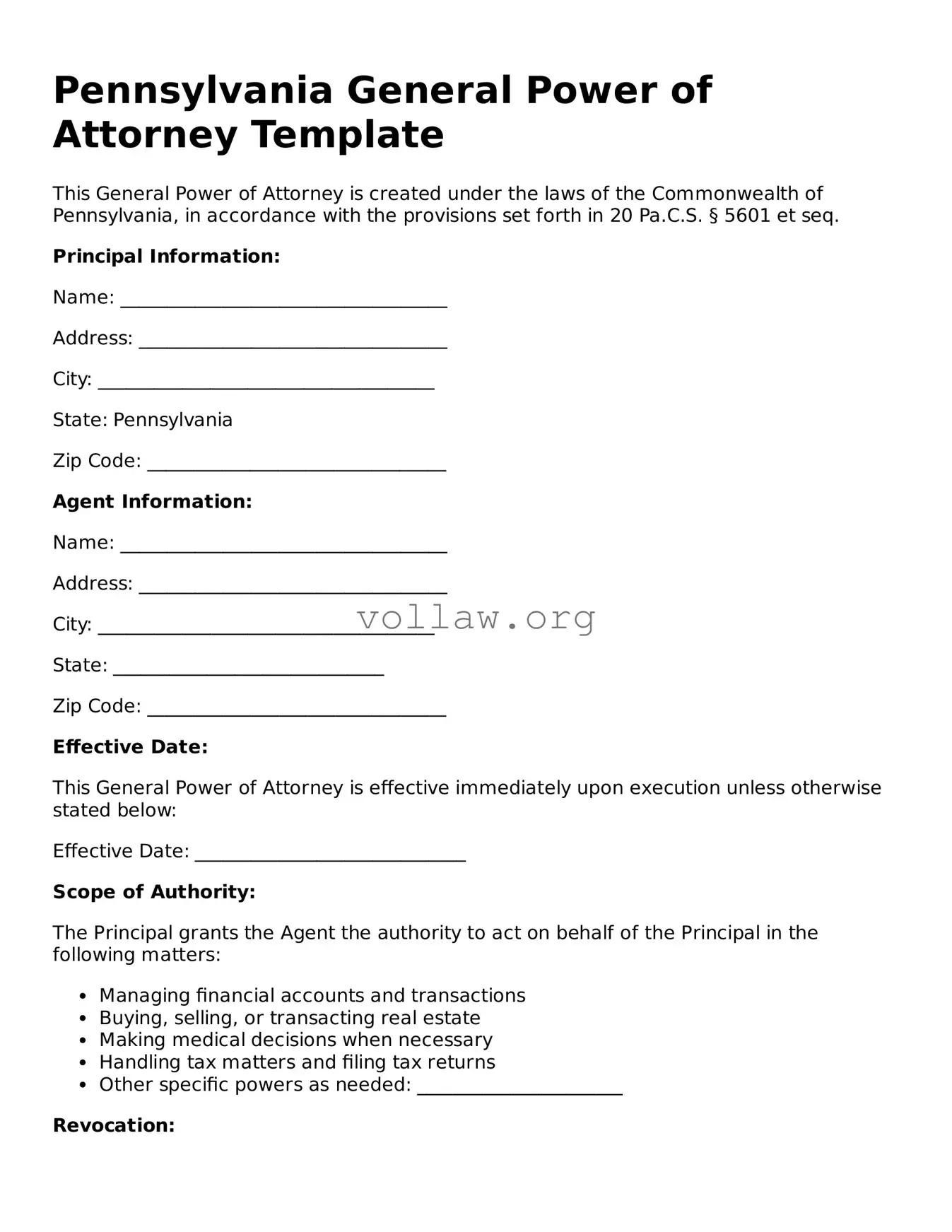 Attorney-Verified  General Power of Attorney Form for Pennsylvania