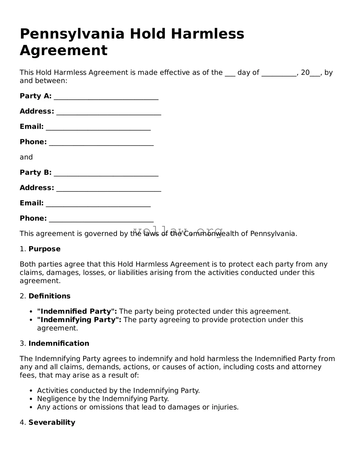 Attorney-Verified  Hold Harmless Agreement Form for Pennsylvania