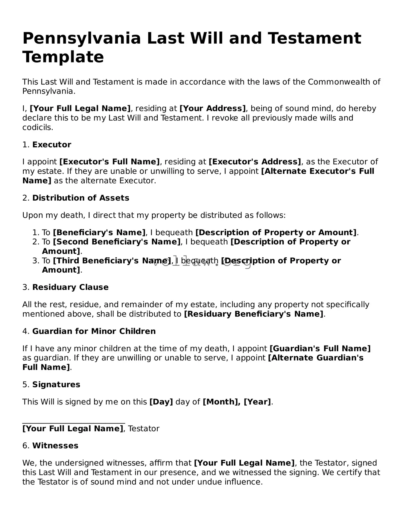 Attorney-Verified  Last Will and Testament Form for Pennsylvania