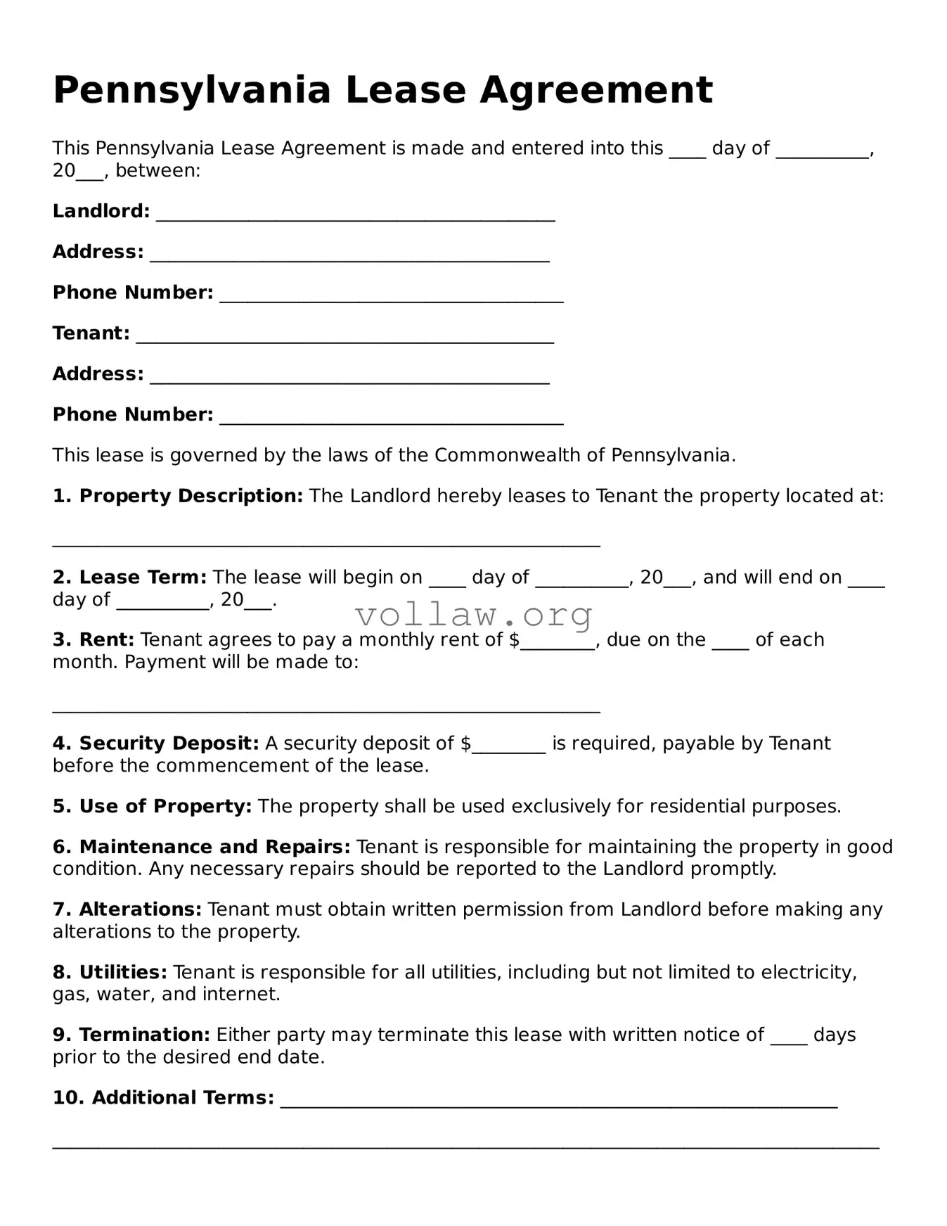 Attorney-Verified  Lease Agreement Form for Pennsylvania