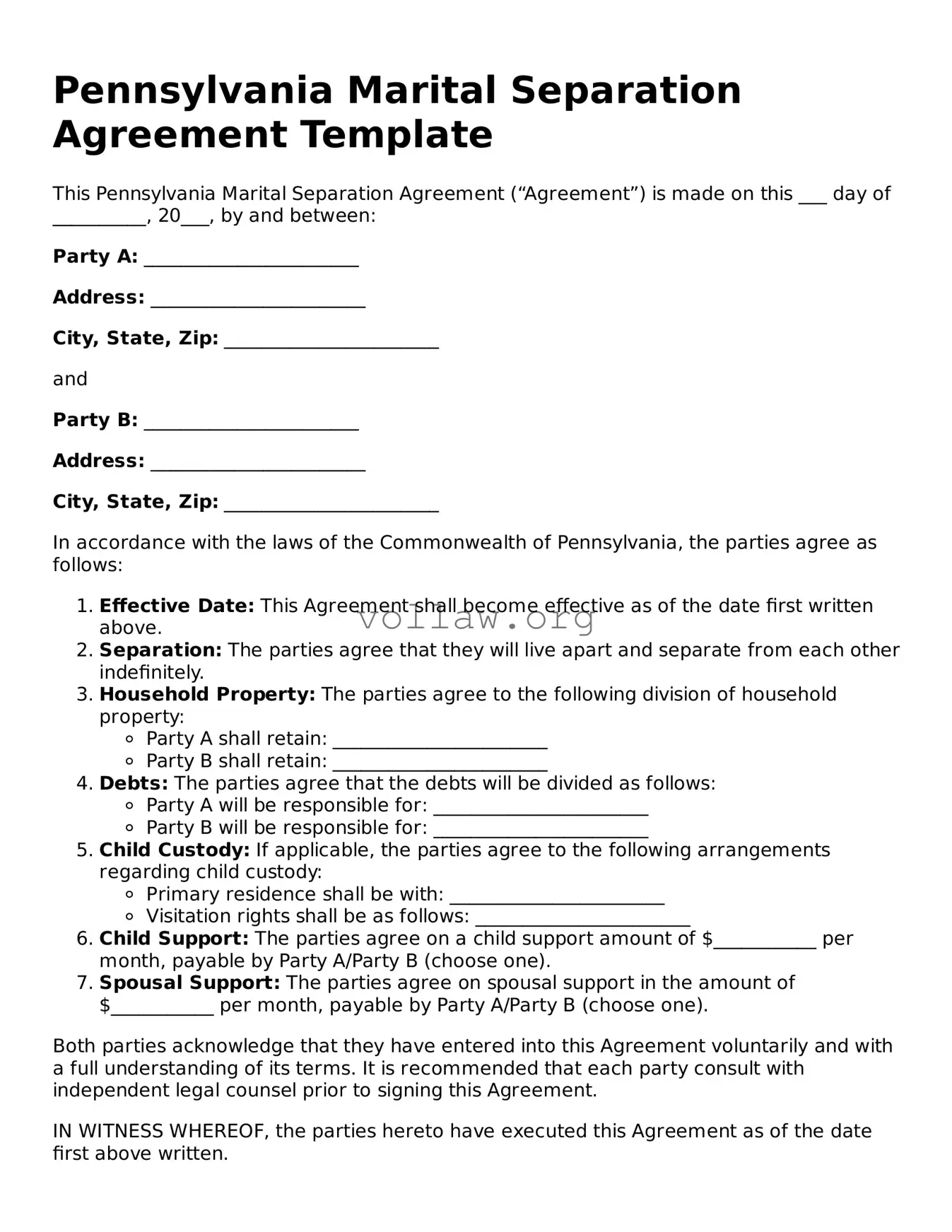 Attorney-Verified  Marital Separation Agreement Form for Pennsylvania