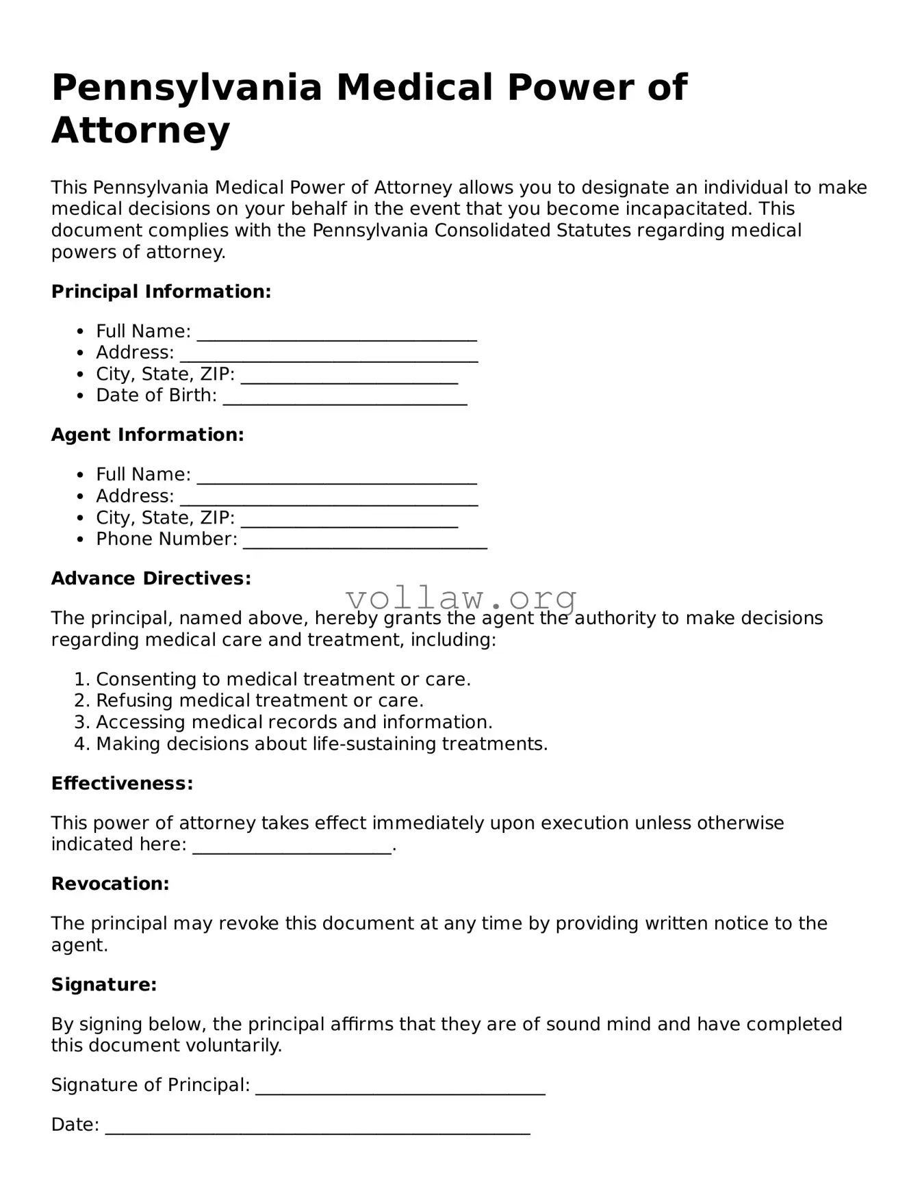 Attorney-Verified  Medical Power of Attorney Form for Pennsylvania