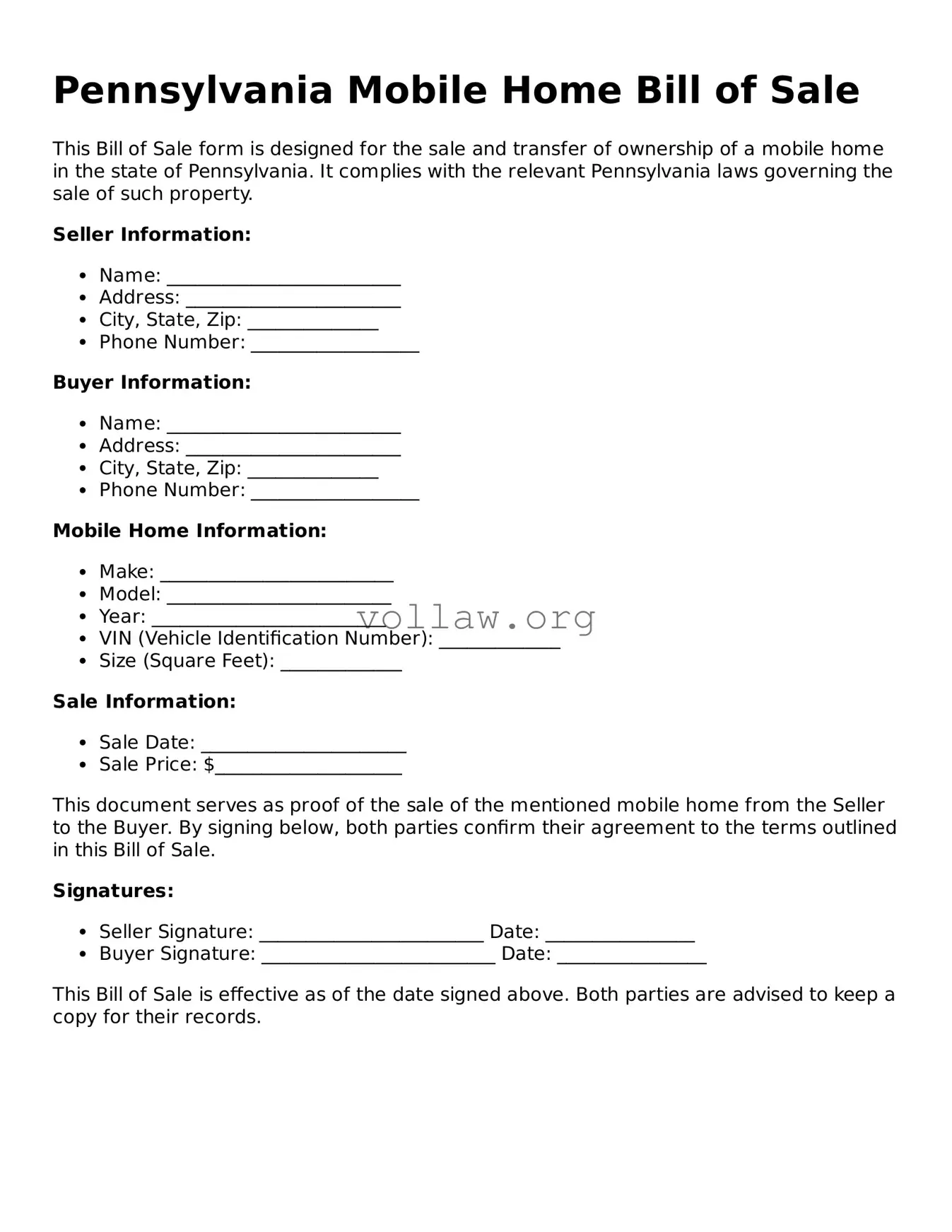 Attorney-Verified  Mobile Home Bill of Sale Form for Pennsylvania