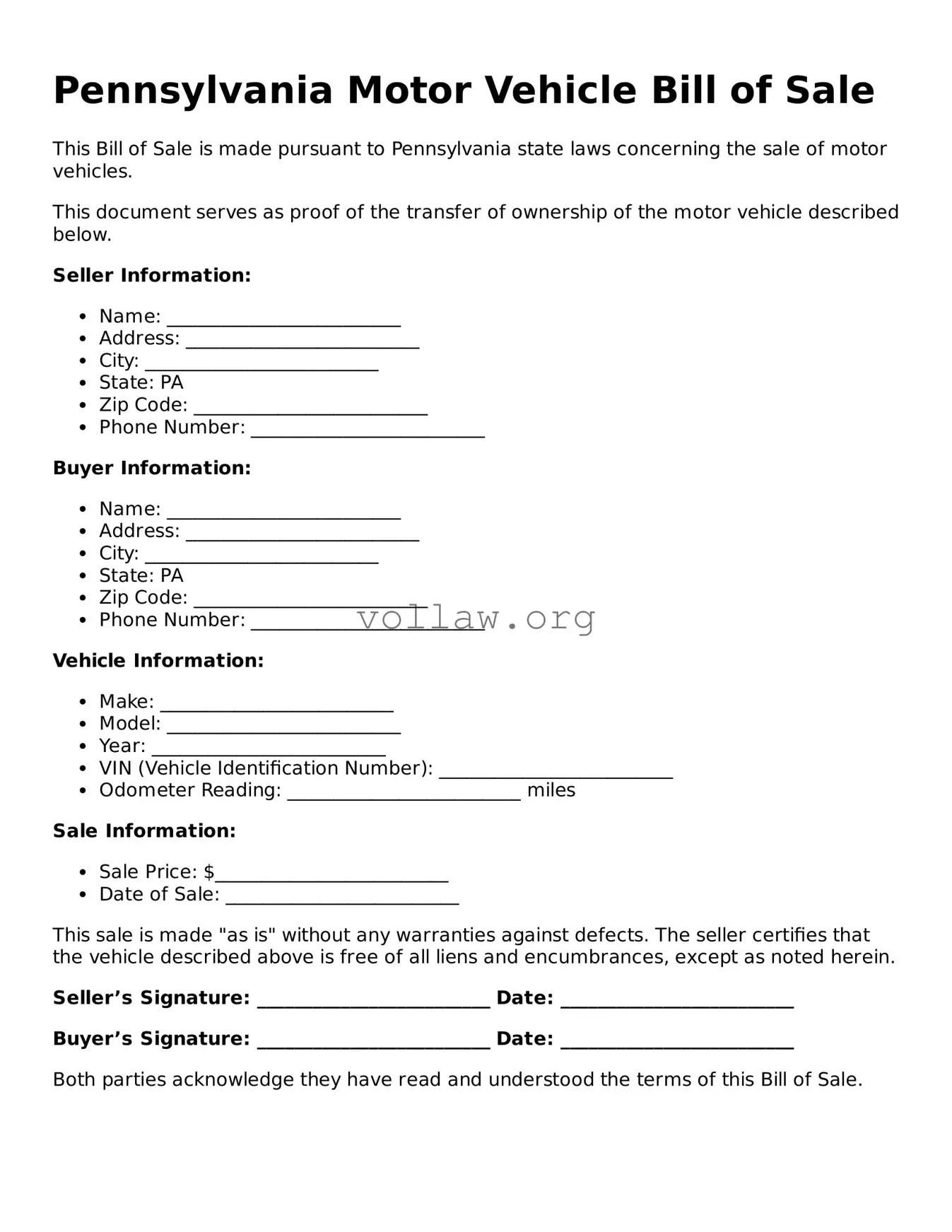 Attorney-Verified  Motor Vehicle Bill of Sale Form for Pennsylvania