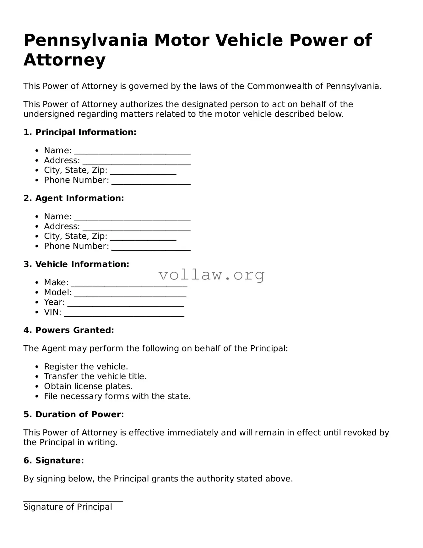 Attorney-Verified  Motor Vehicle Power of Attorney Form for Pennsylvania