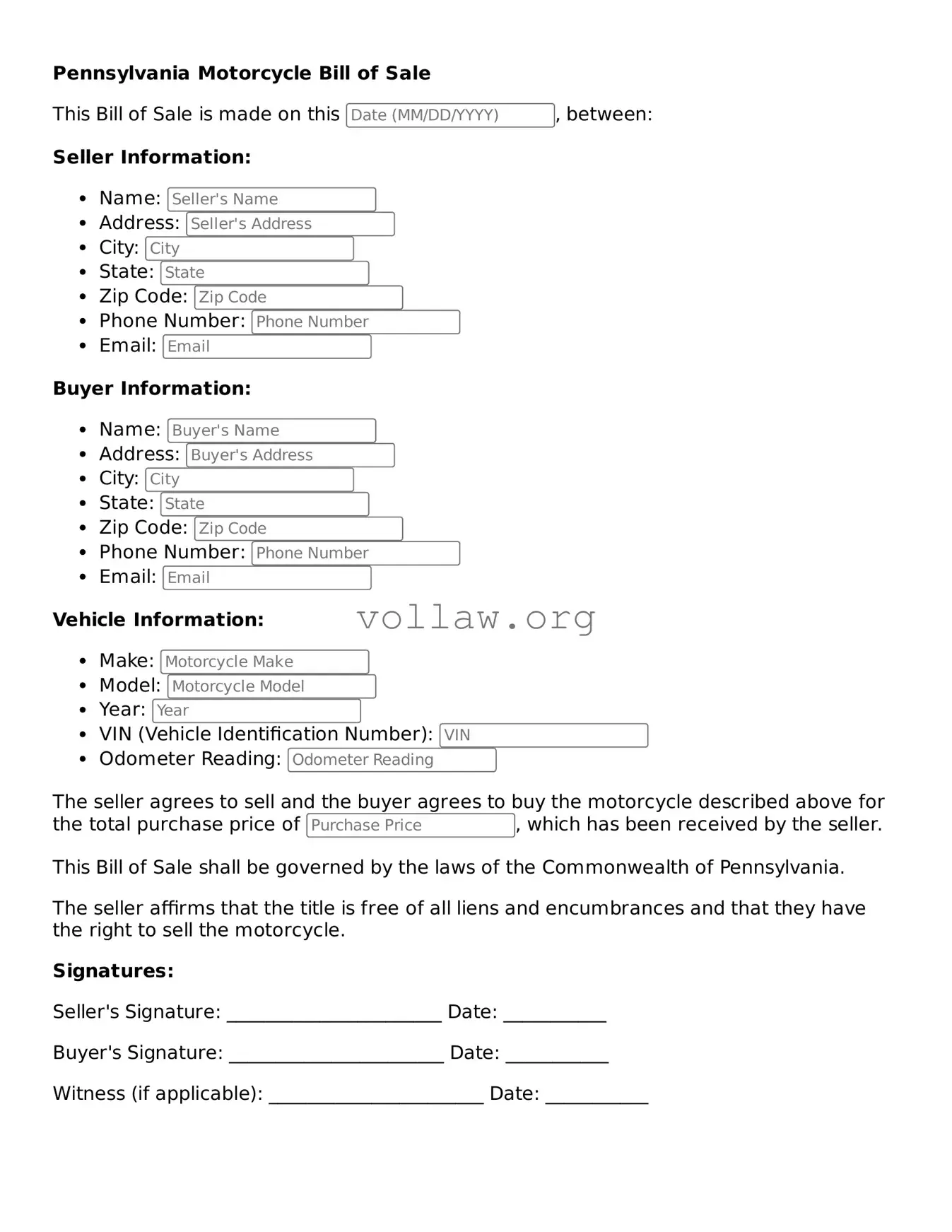 Attorney-Verified  Motorcycle Bill of Sale Form for Pennsylvania