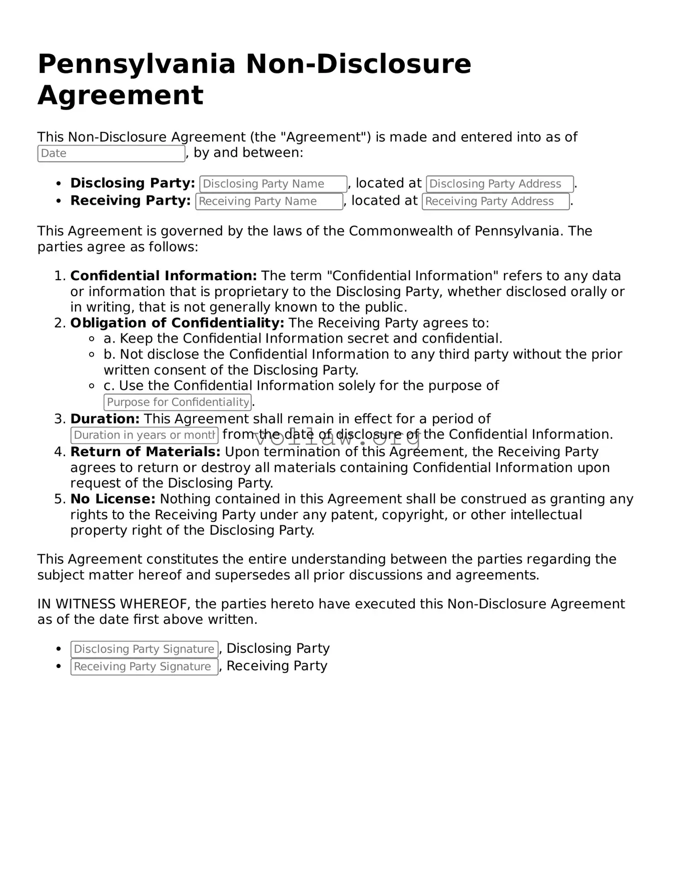 Attorney-Verified  Non-disclosure Agreement Form for Pennsylvania
