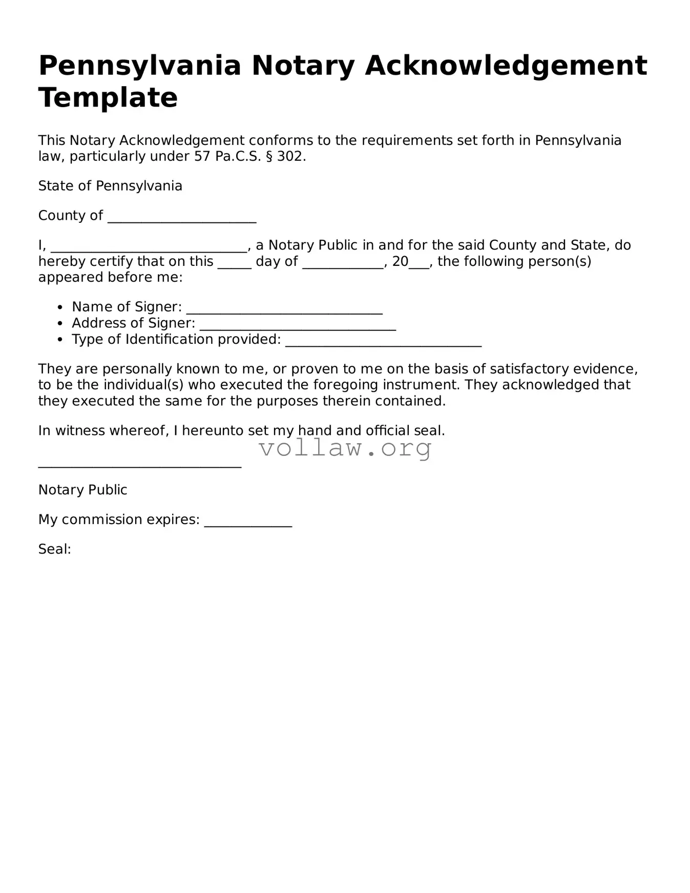 Attorney-Verified  Notary Acknowledgement Form for Pennsylvania