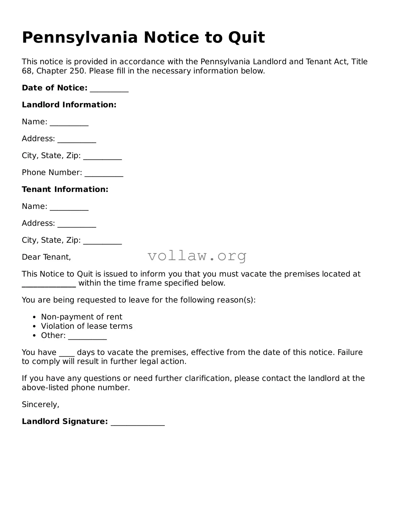 Attorney-Verified  Notice to Quit Form for Pennsylvania