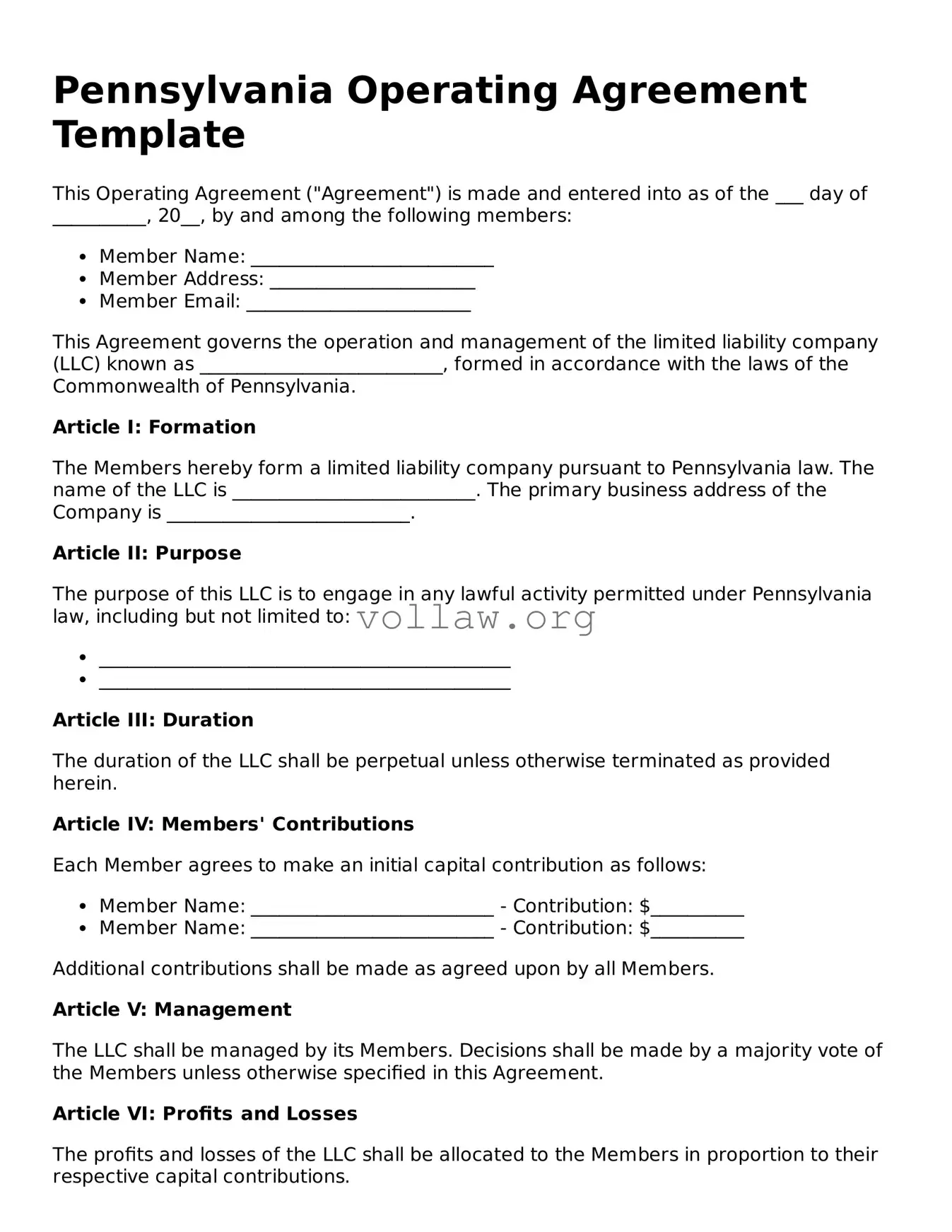 Attorney-Verified  Operating Agreement Form for Pennsylvania