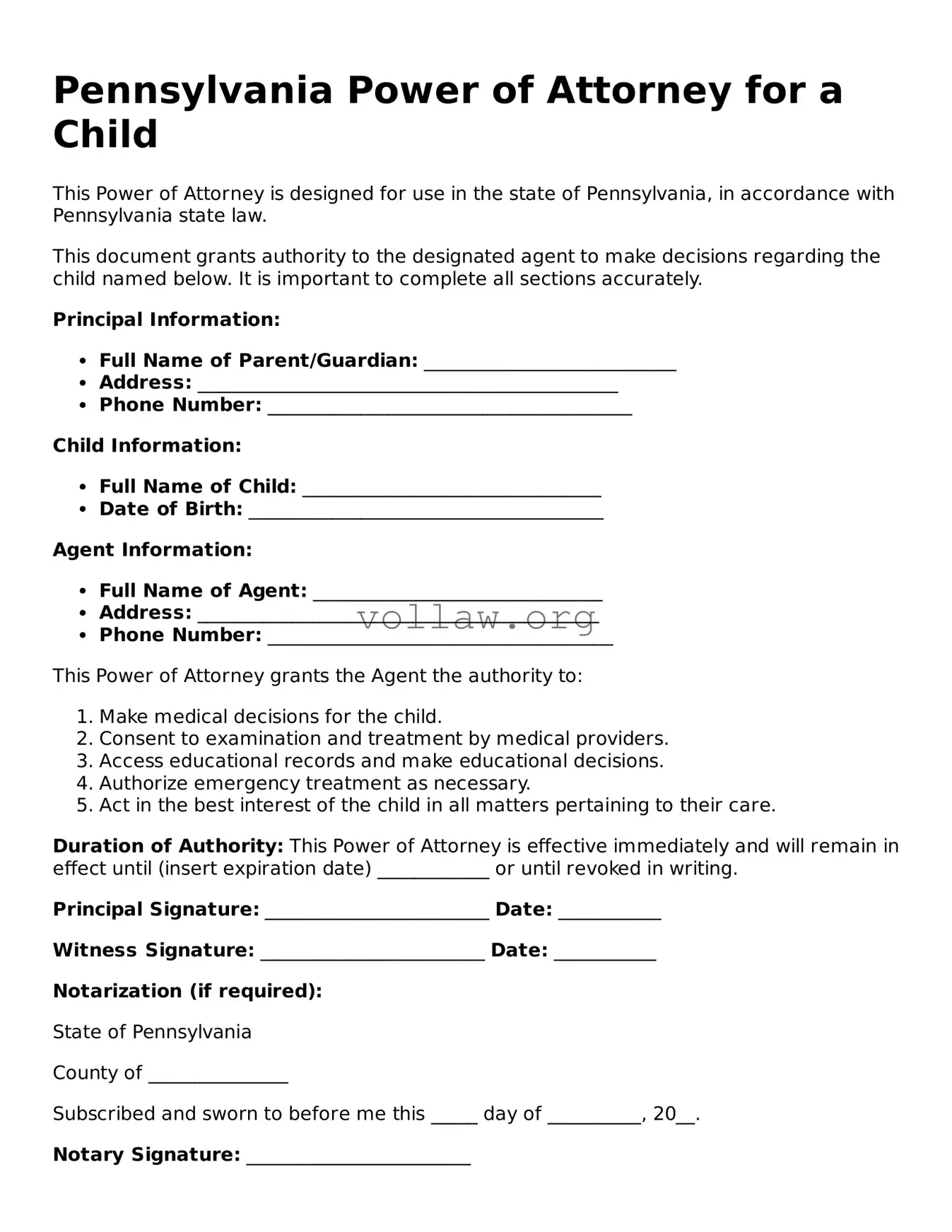 Attorney-Verified  Power of Attorney for a Child Form for Pennsylvania