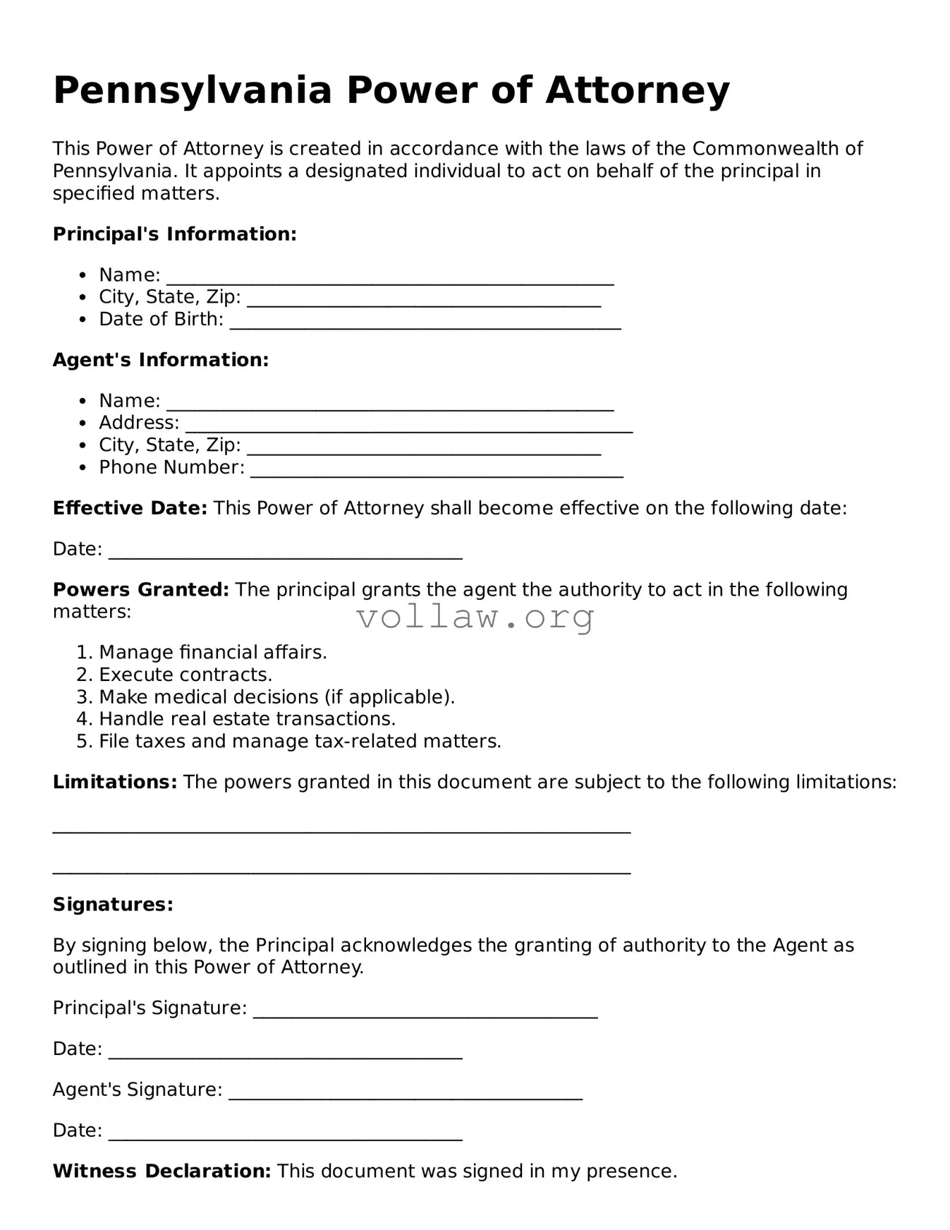 Attorney-Verified  Power of Attorney Form for Pennsylvania
