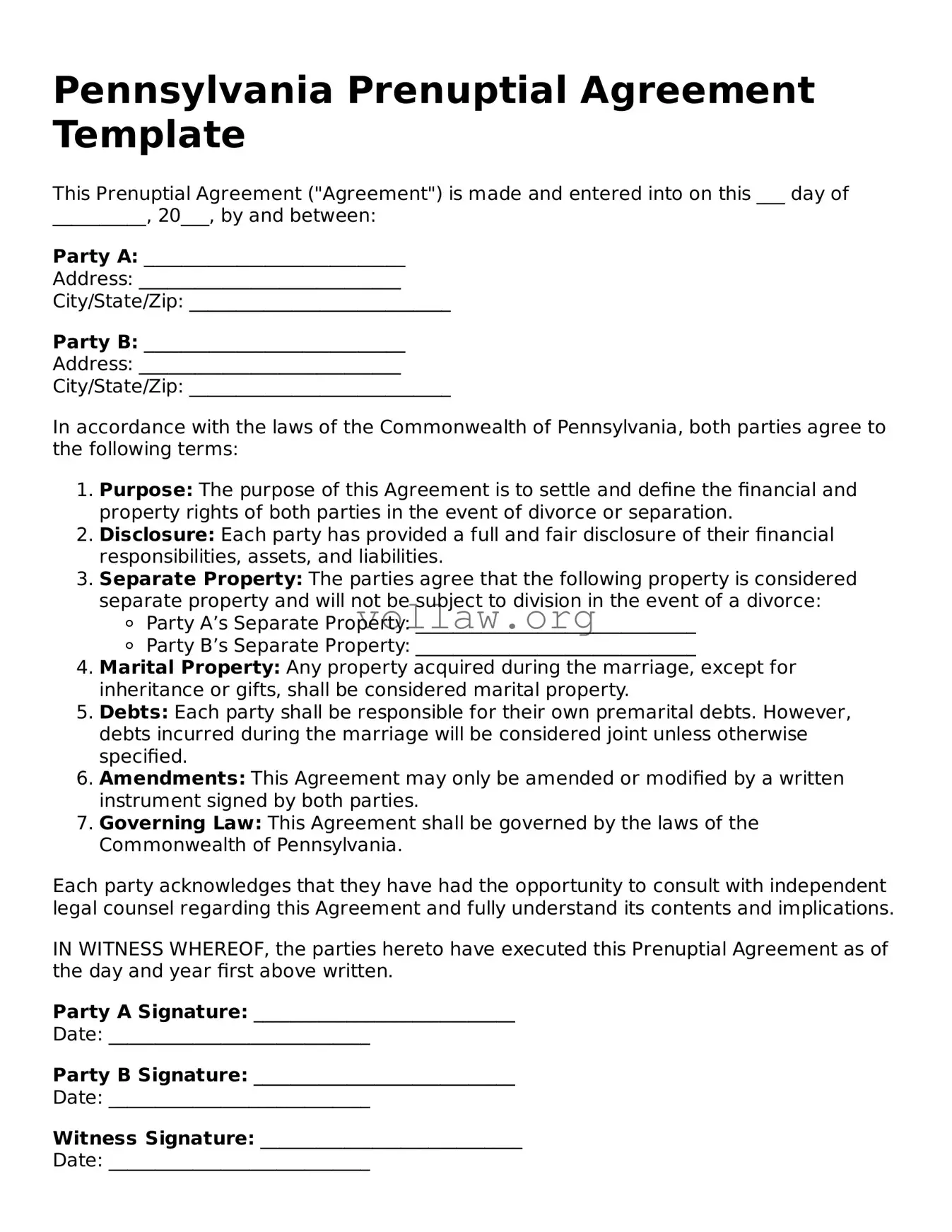 Attorney-Verified  Prenuptial Agreement Form for Pennsylvania
