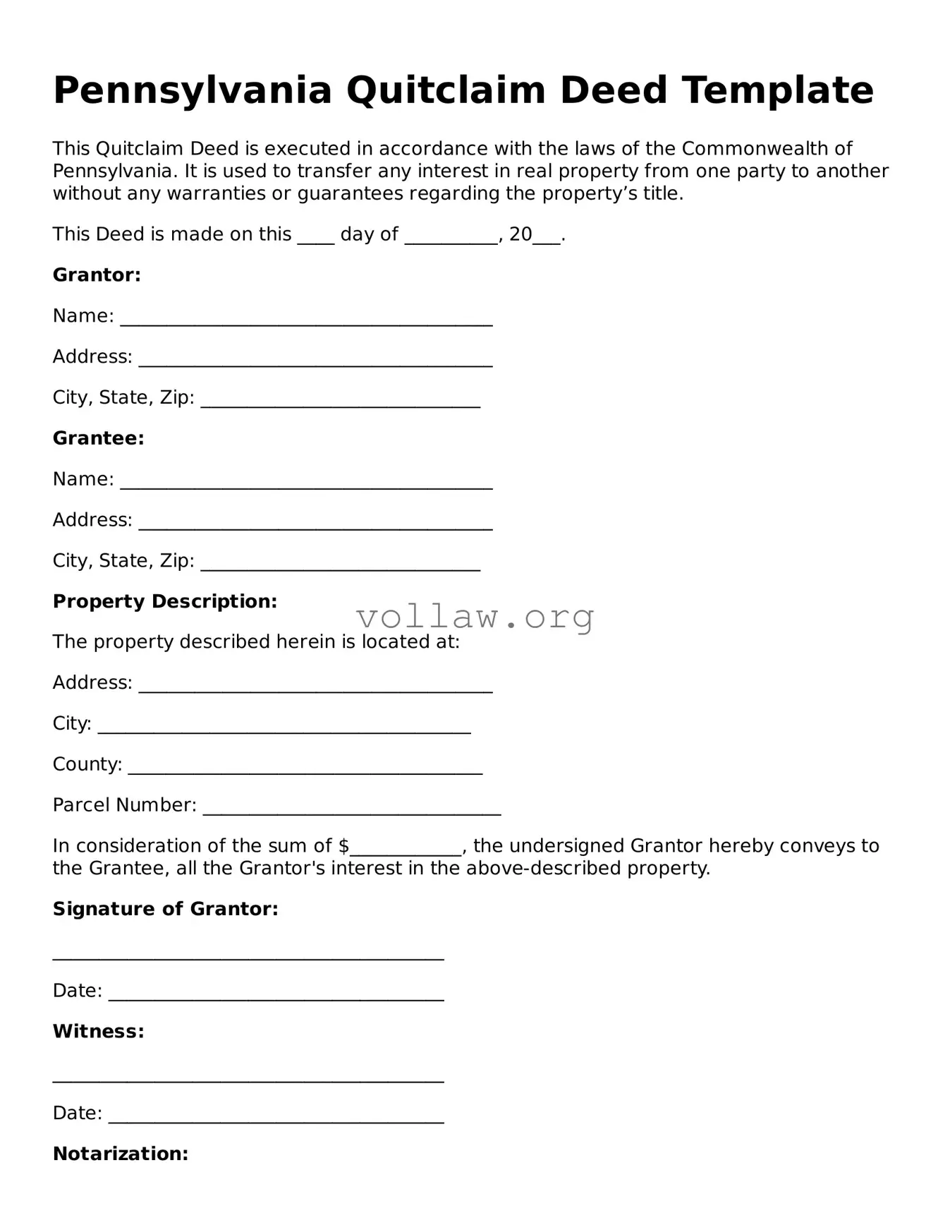 Attorney-Verified  Quitclaim Deed Form for Pennsylvania