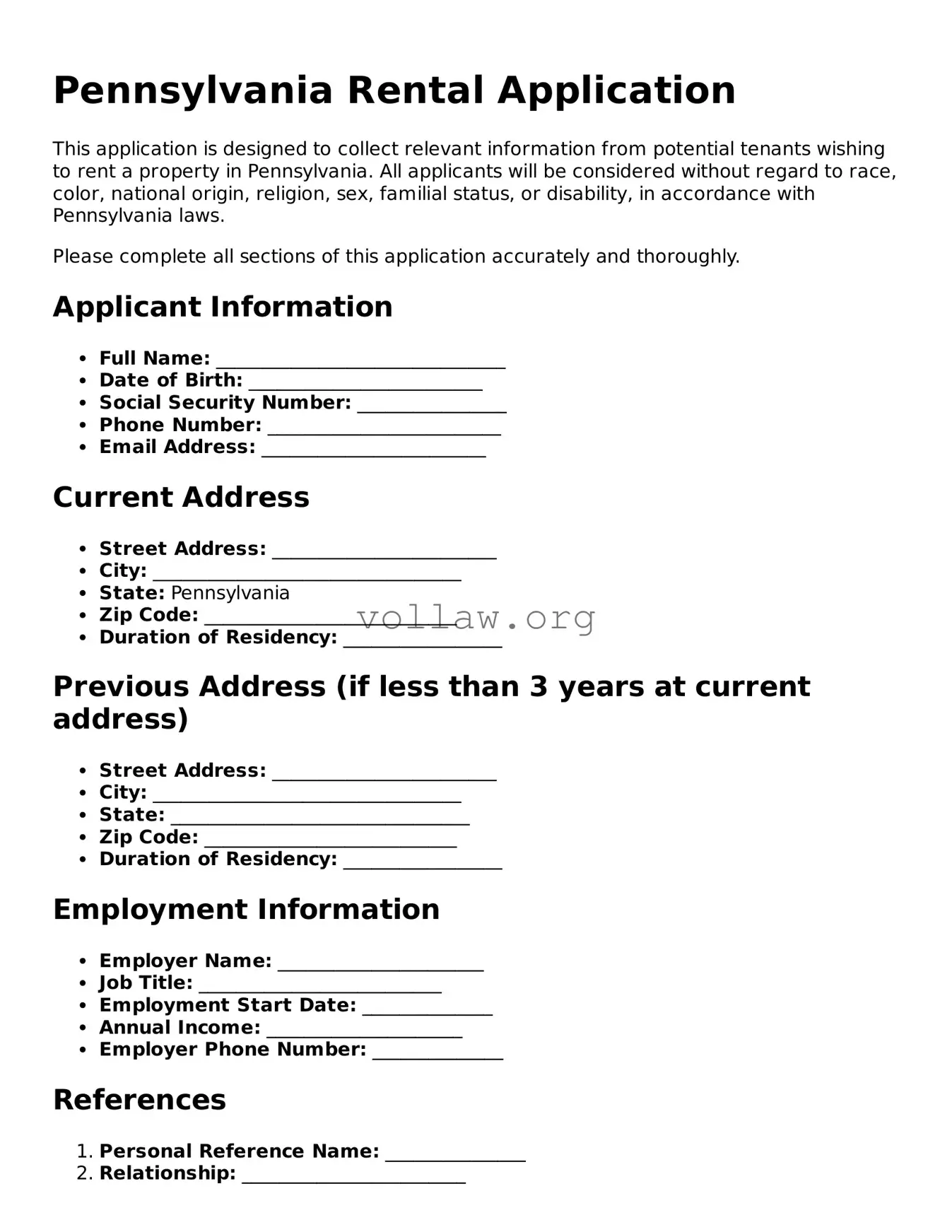 Attorney-Verified  Rental Application Form for Pennsylvania