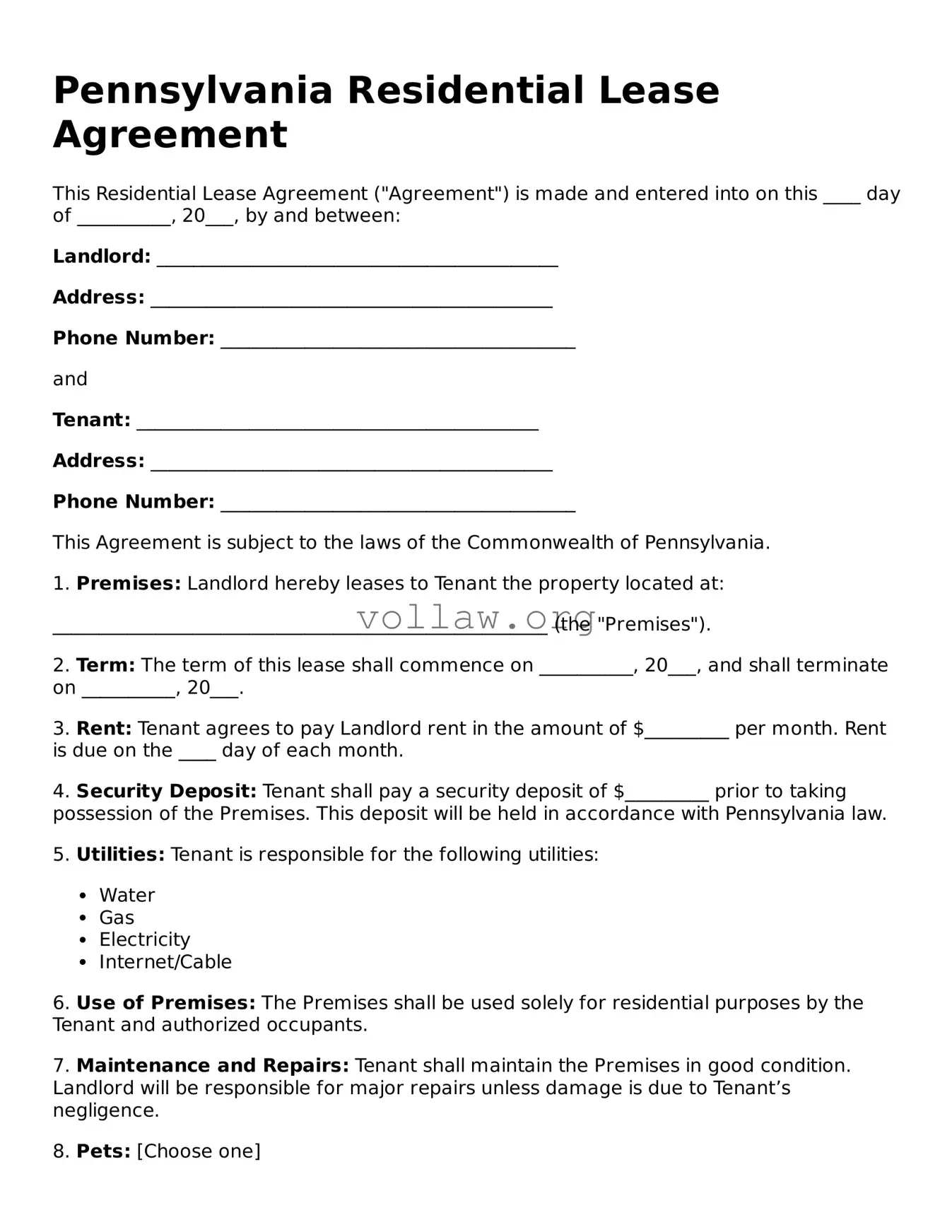 Attorney-Verified  Residential Lease Agreement Form for Pennsylvania