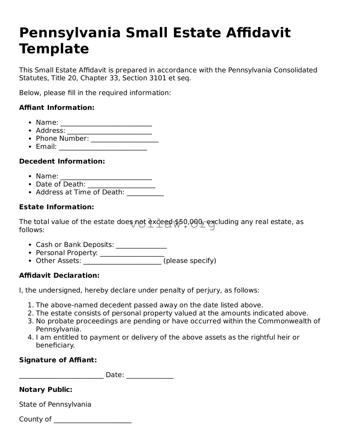 Attorney-Verified  Small Estate Affidavit Form for Pennsylvania