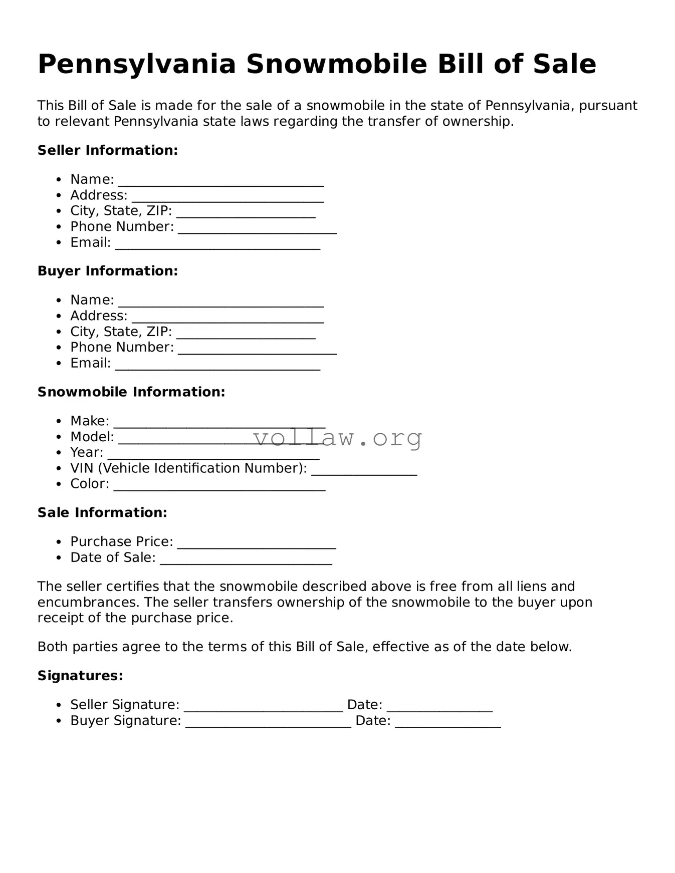 Attorney-Verified  Snowmobile Bill of Sale Form for Pennsylvania