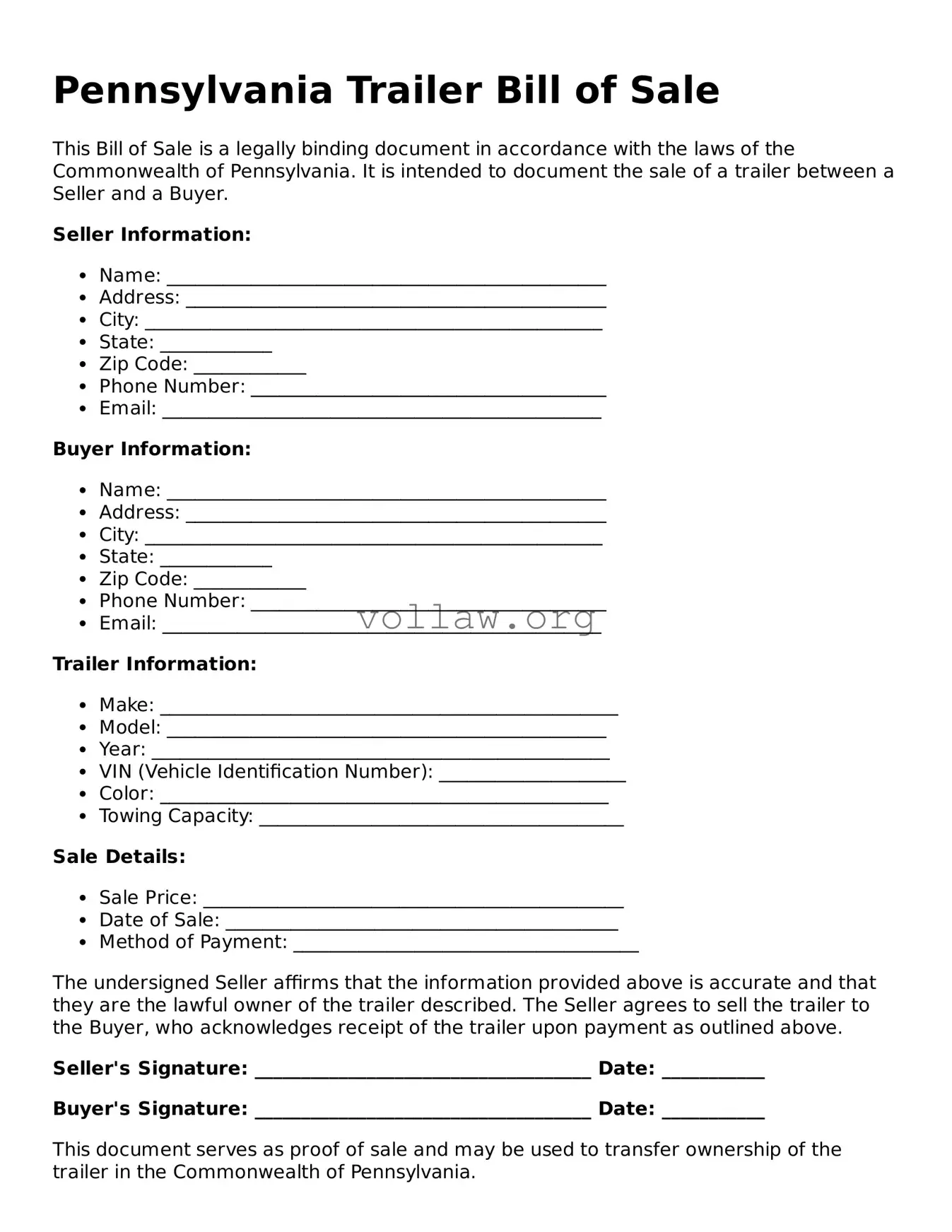 Attorney-Verified  Trailer Bill of Sale Form for Pennsylvania