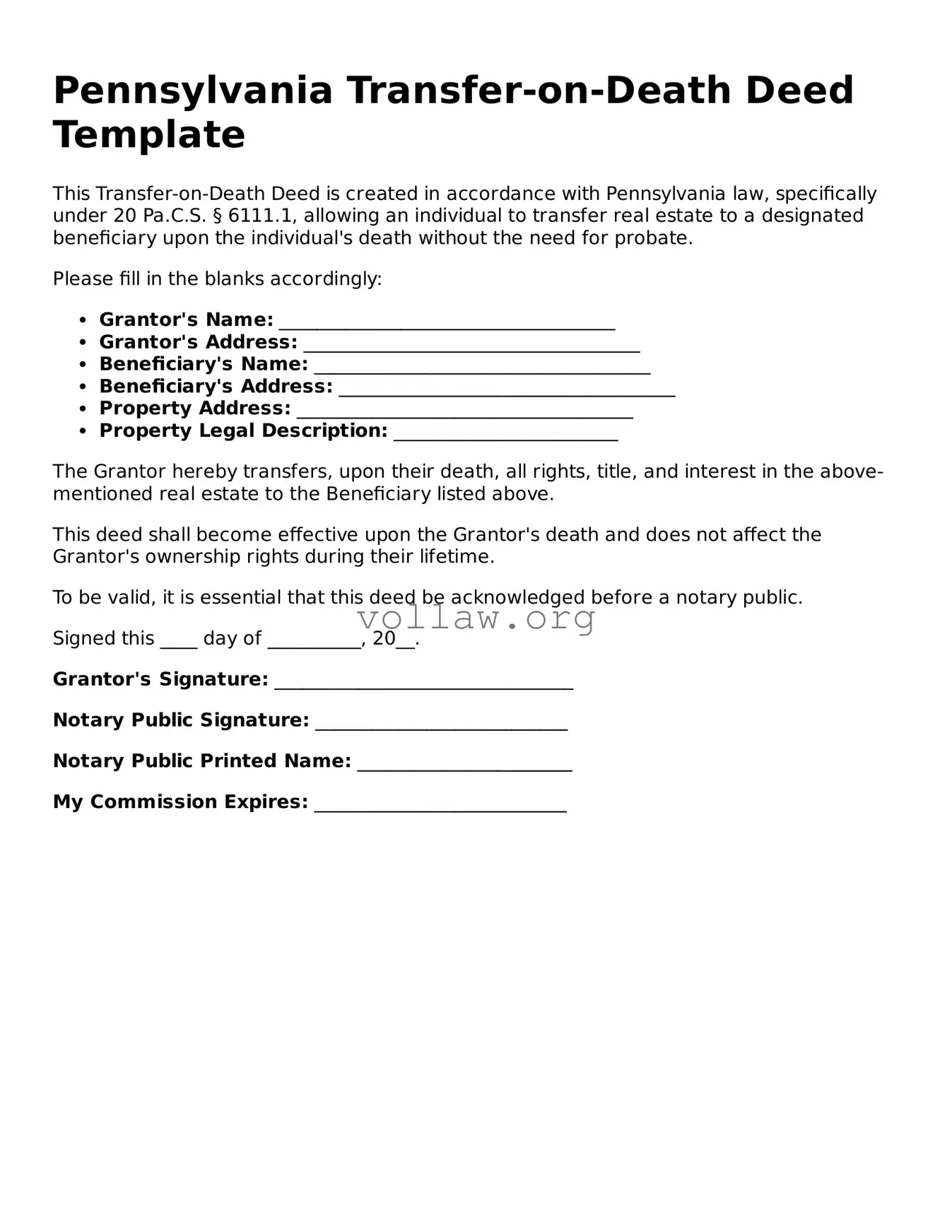 Attorney-Verified  Transfer-on-Death Deed Form for Pennsylvania