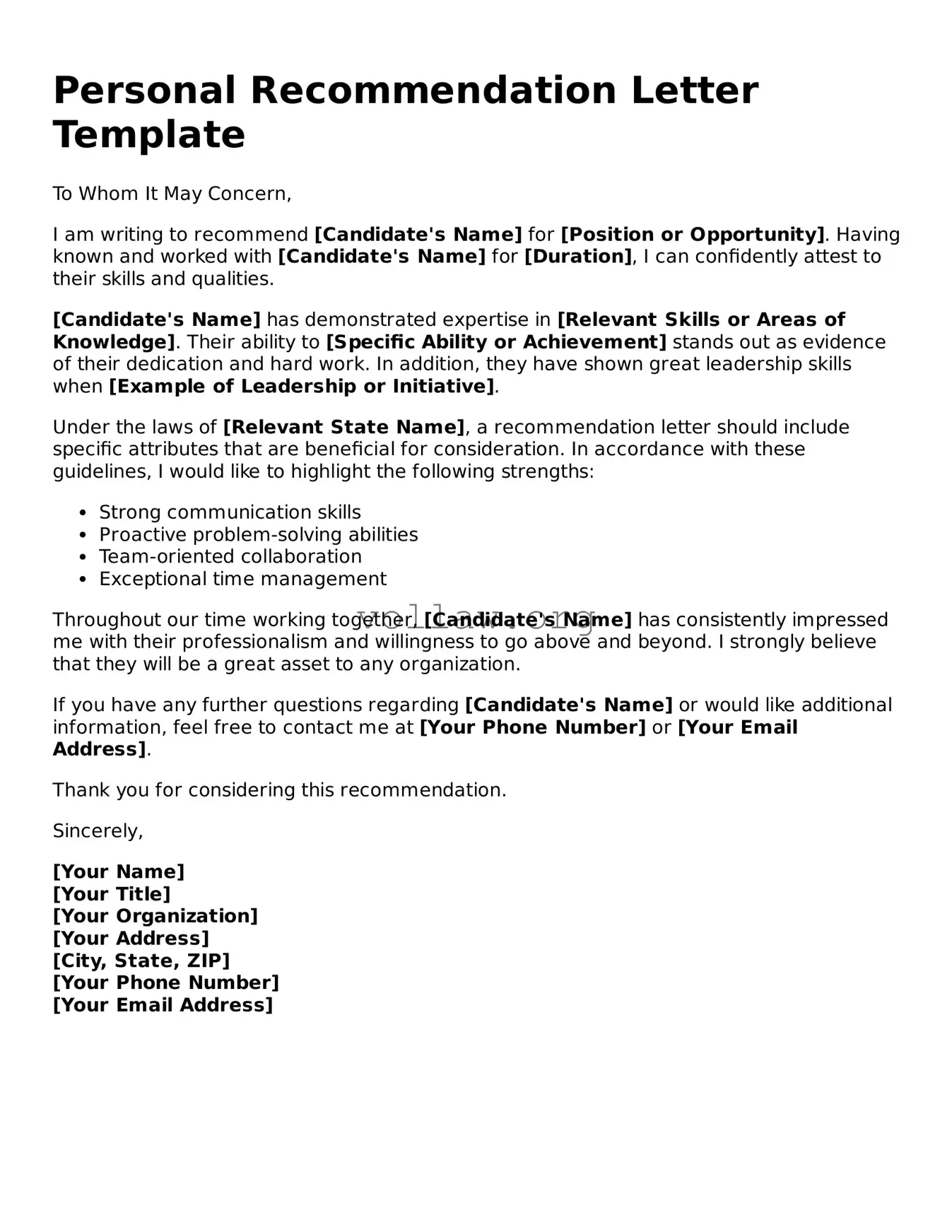 Free Personal Recommendation Letter Form