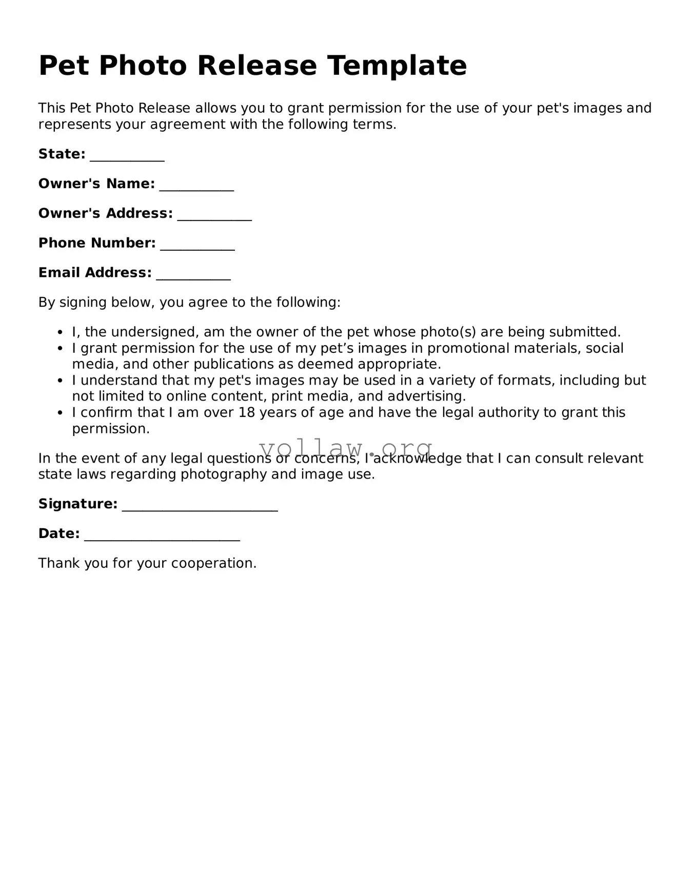 Free Pet Photo Release Form