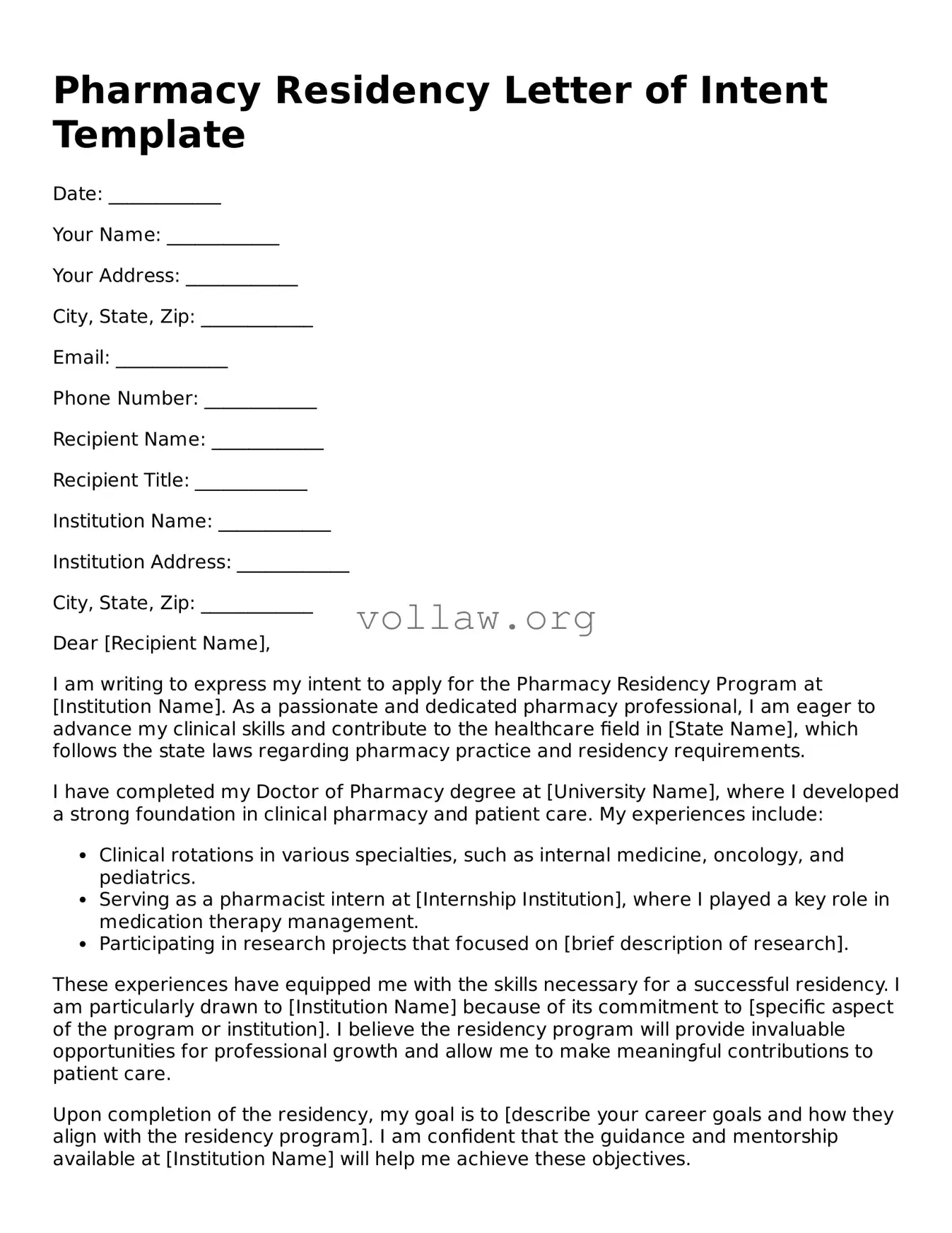 Free Pharmacy Residency Letter of Intent Form