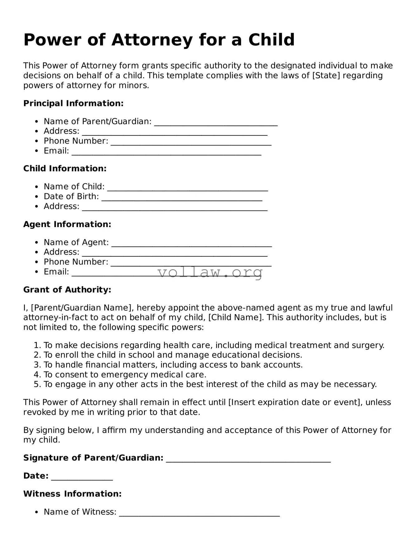 Free Power of Attorney for a Child Form