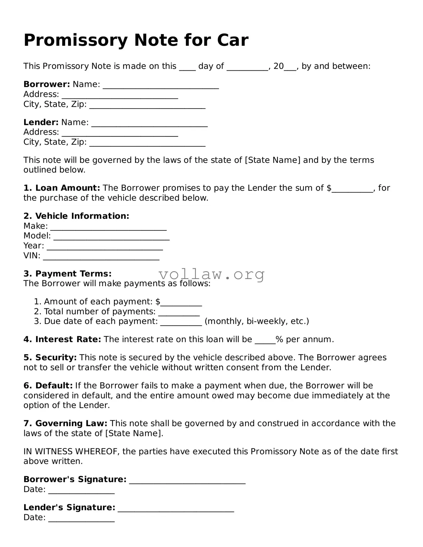 Free Promissory Note for a Car Form