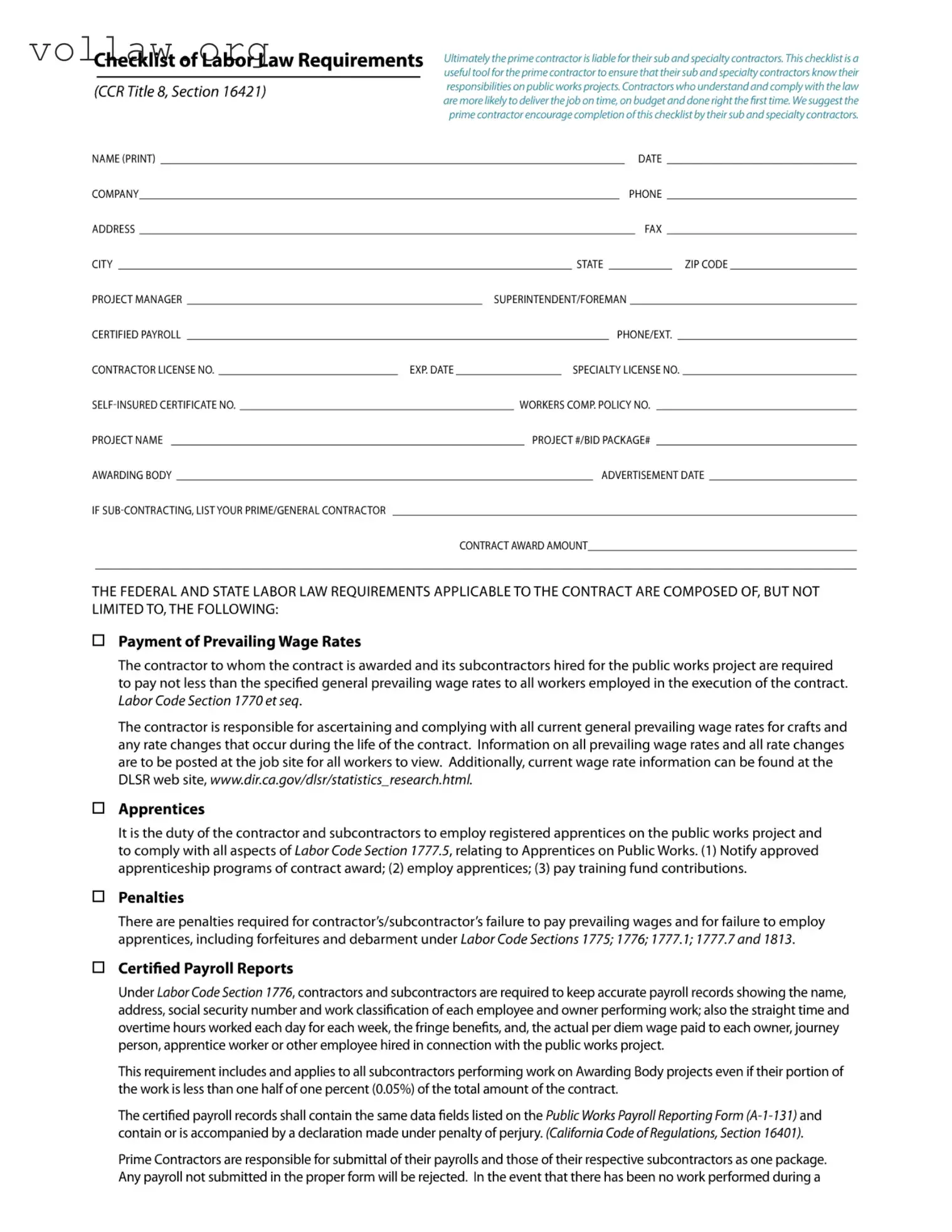 Checklist Labor Law Template