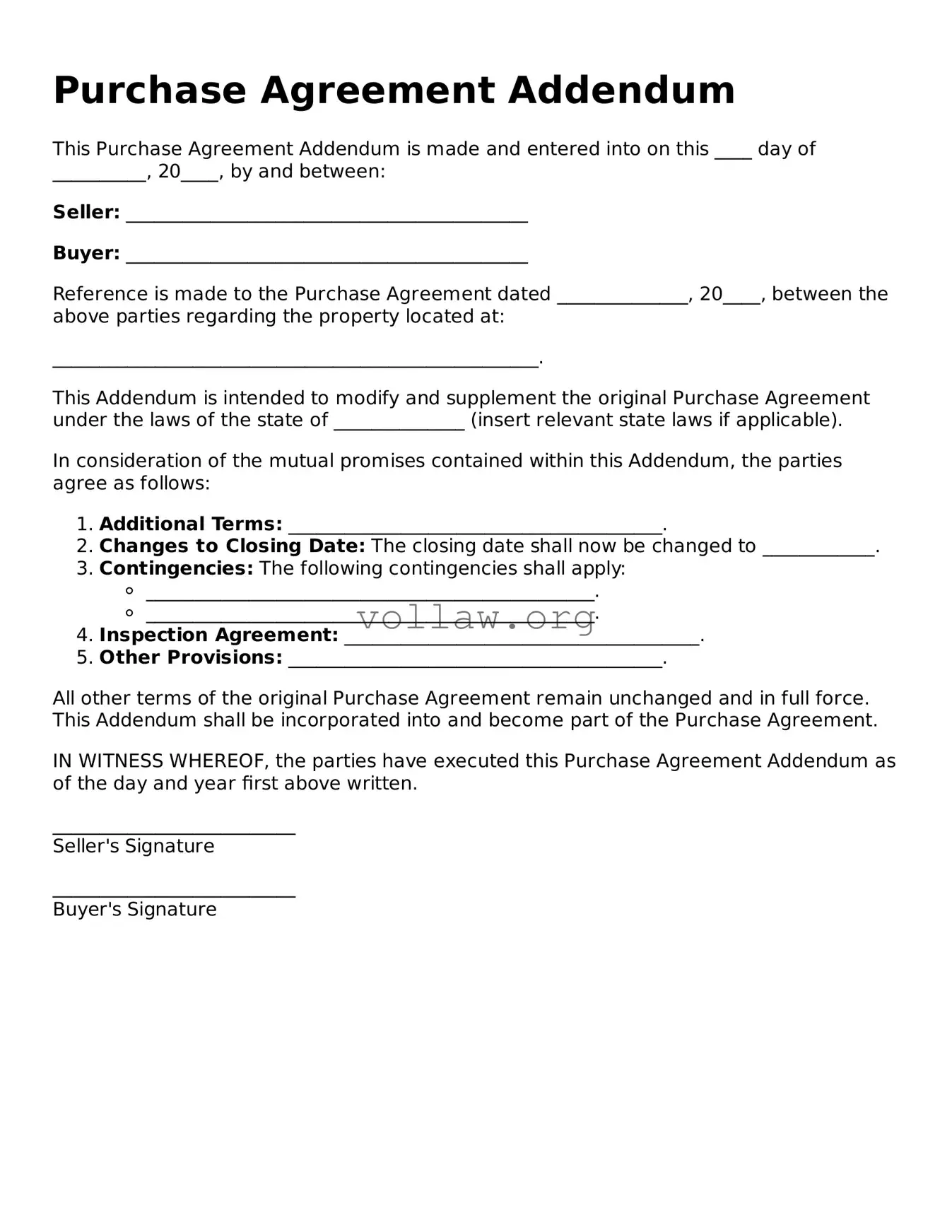 Free Purchase Agreement Addendum Form