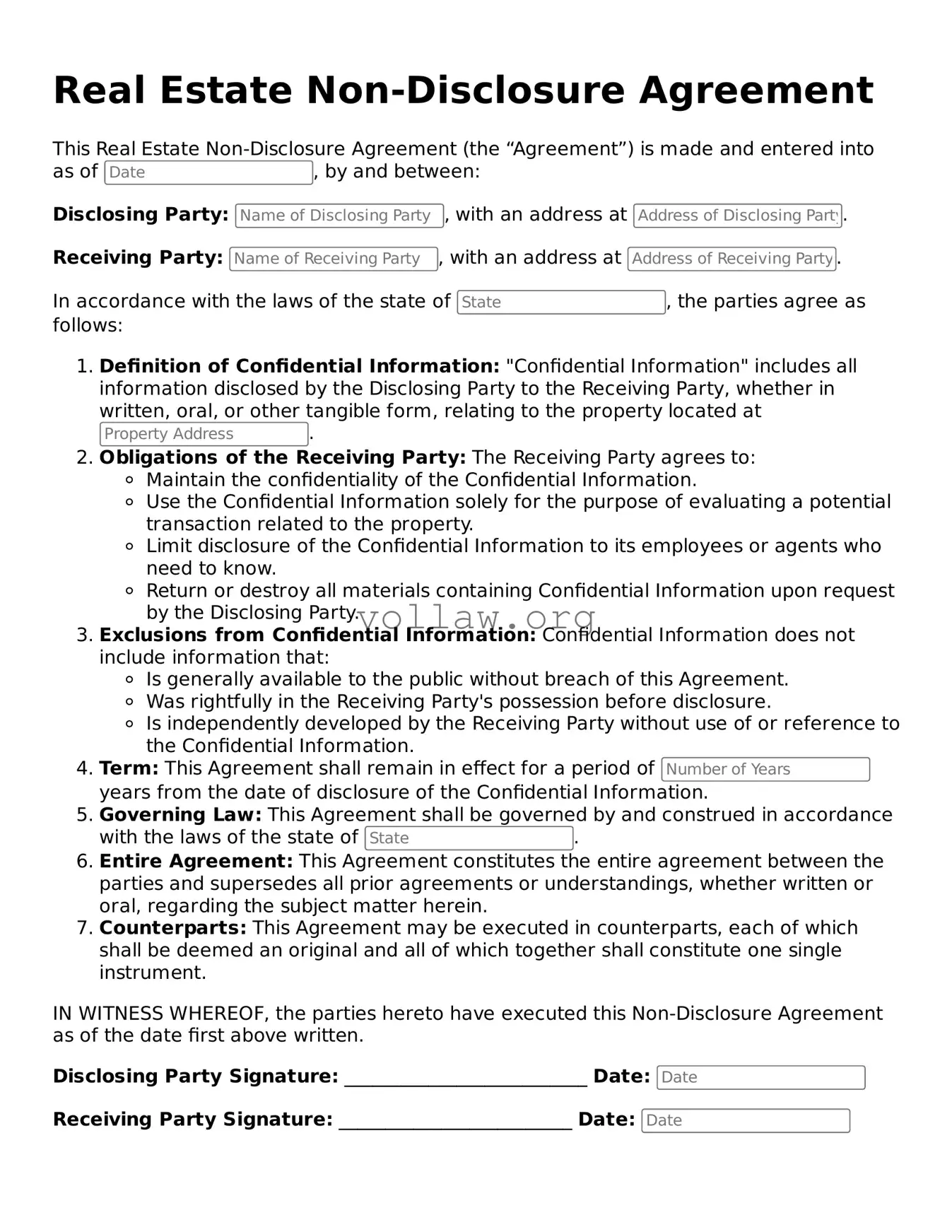 Free Real Estate Non-Disclosure Agreement Form