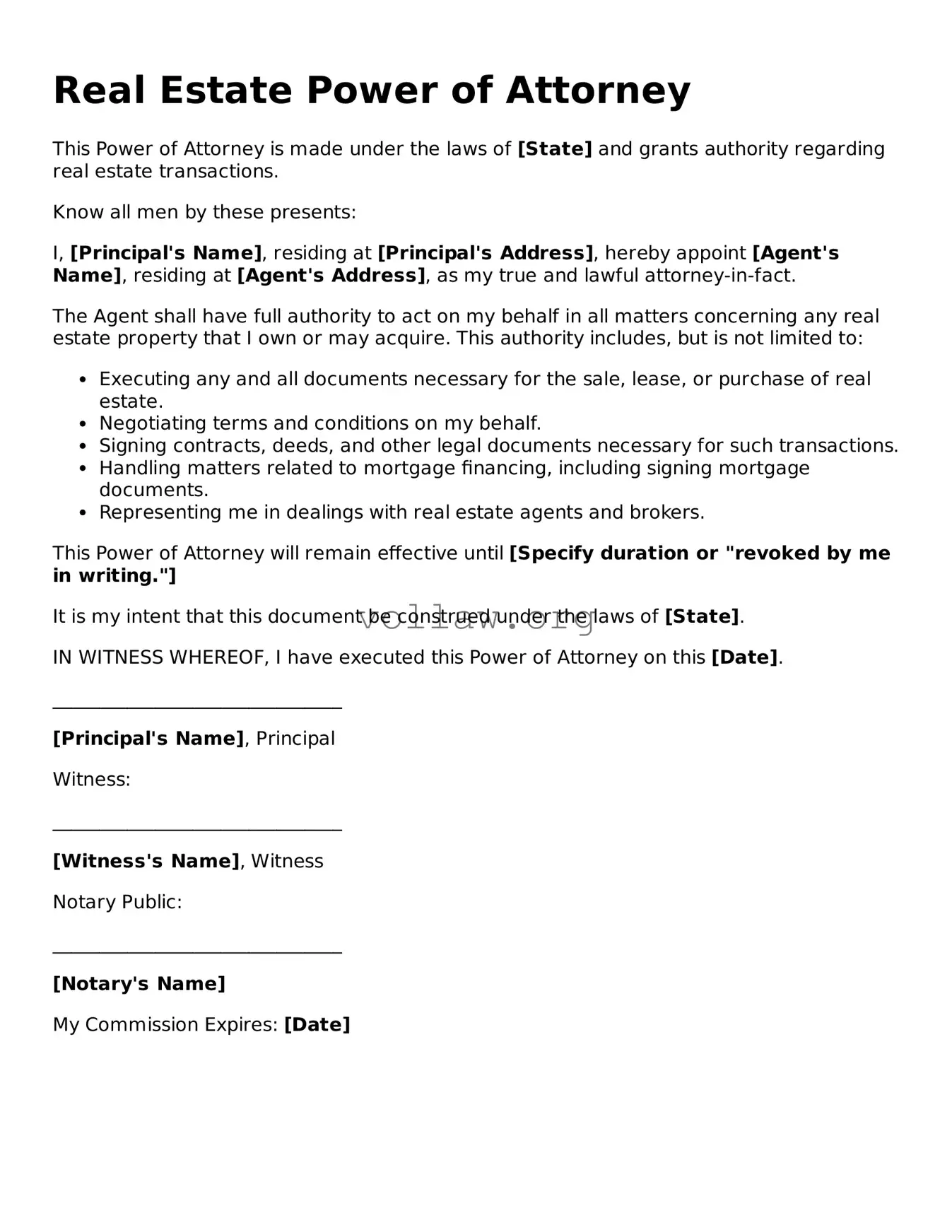 Free Real Estate Power of Attorney Form