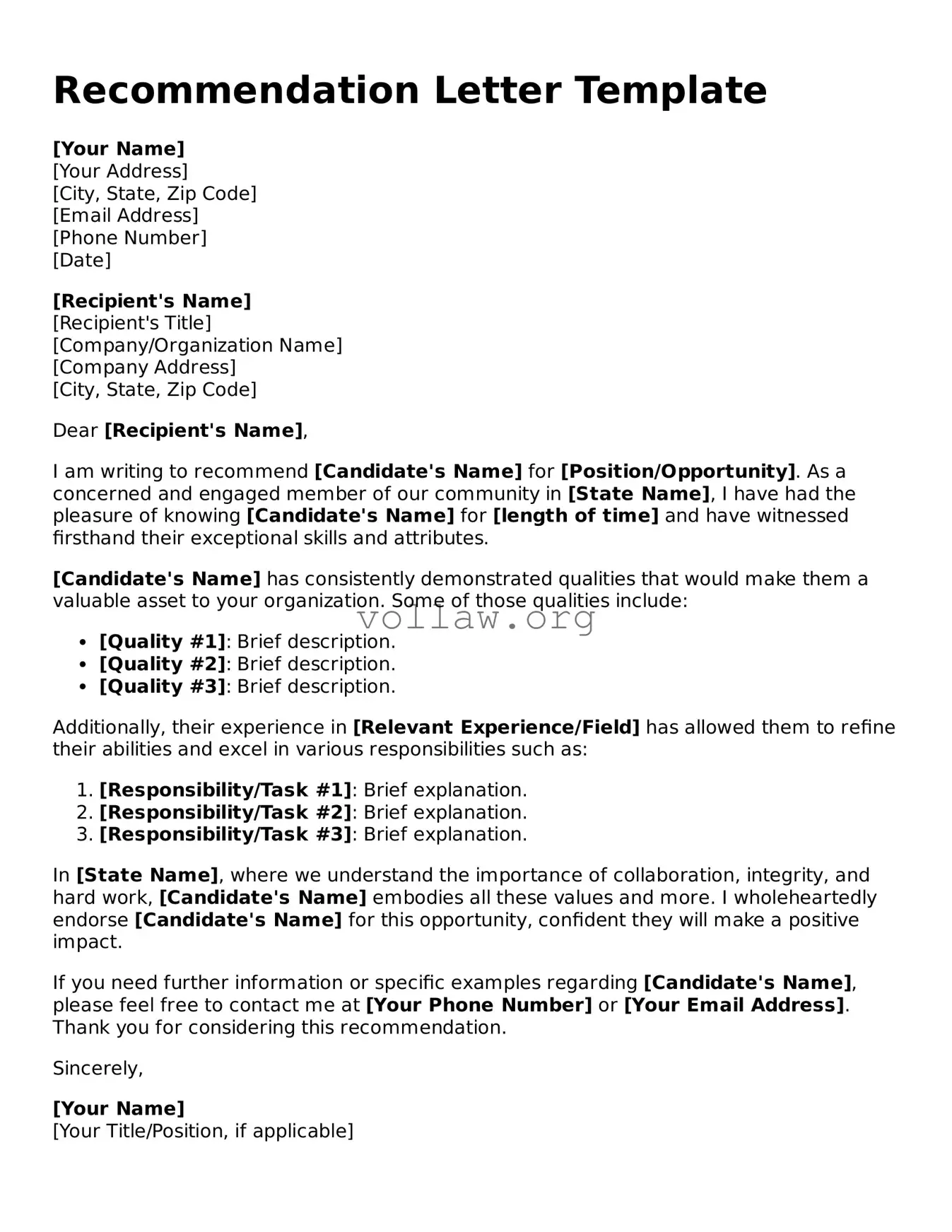 Free Recommendation Letter Form
