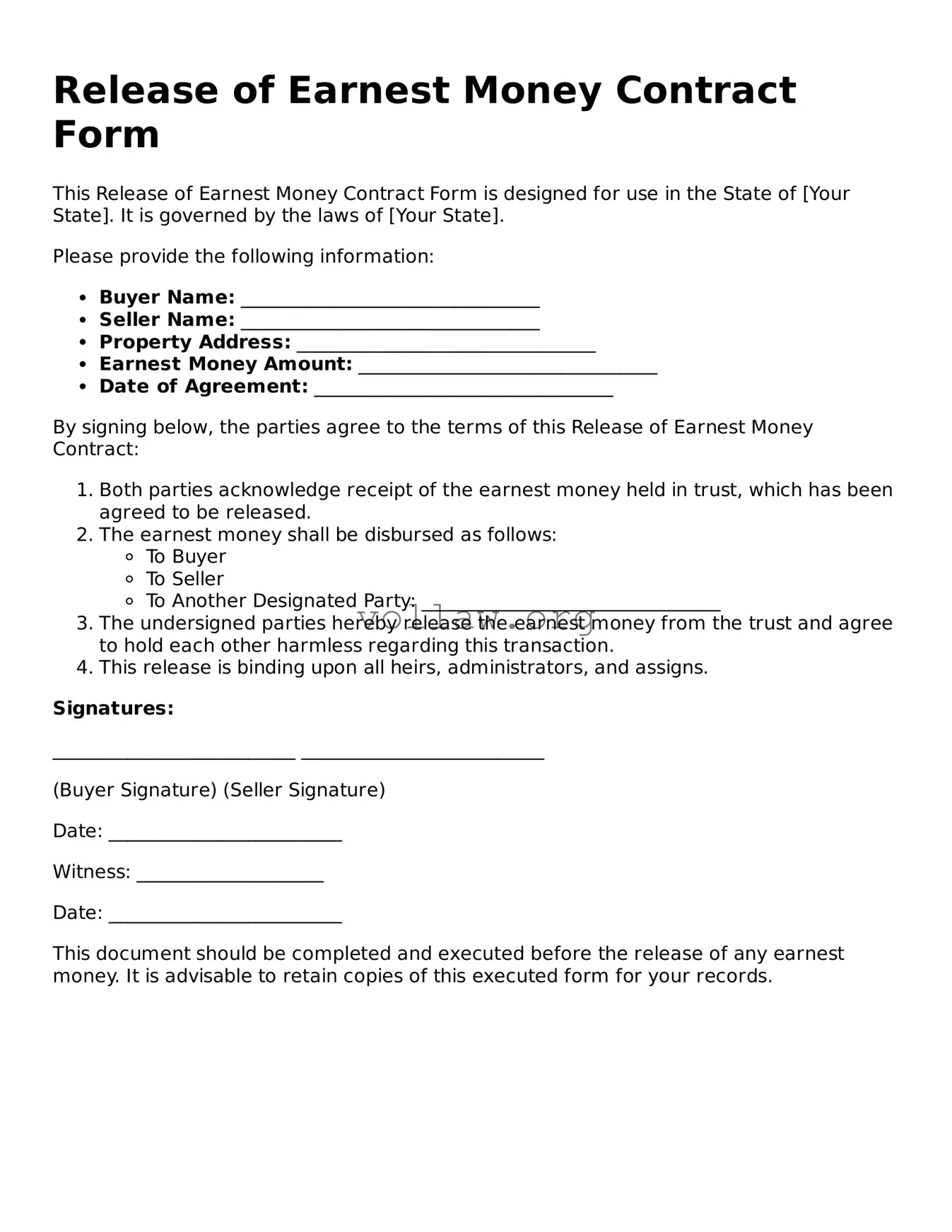 Free Release of Earnest Money Contract Form Form