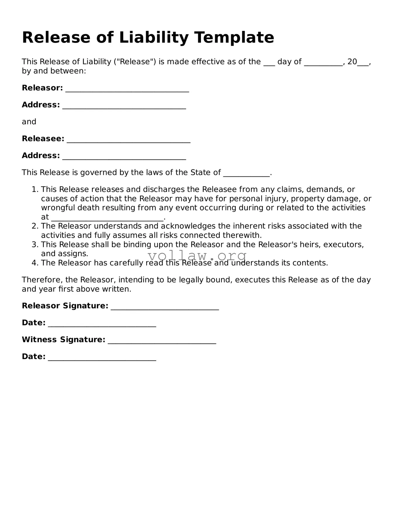 Free Release of Liability Form