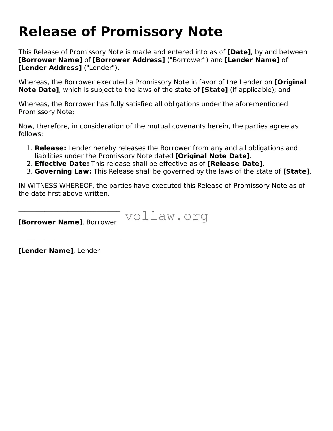 Free Release of Promissory Note Form