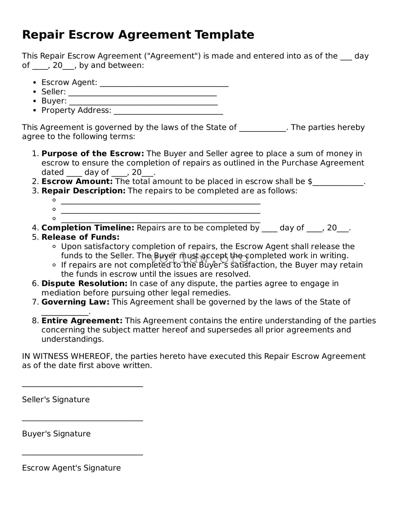 Free Repair Escrow Agreement Form