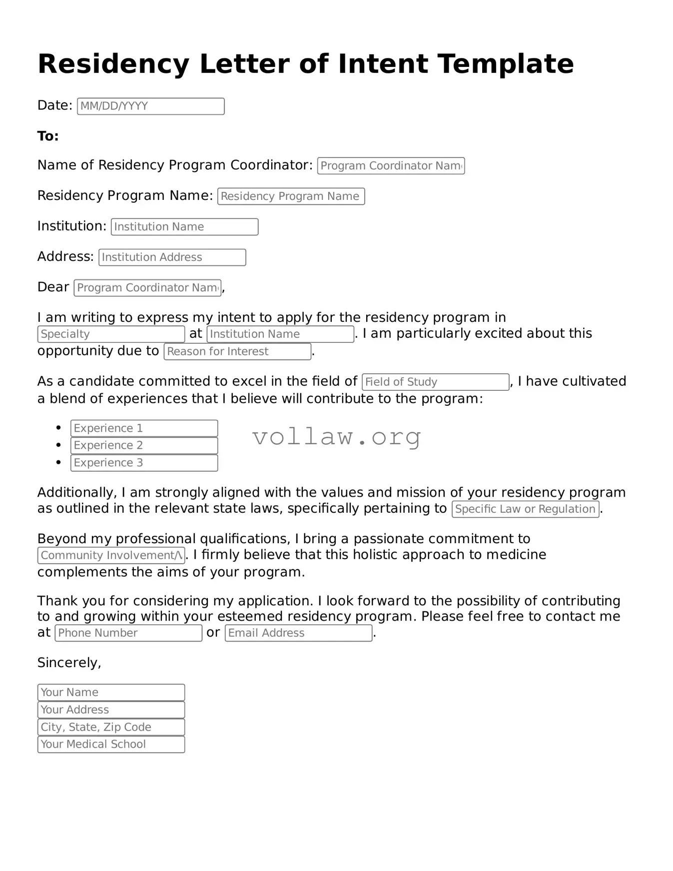 Free Residency Letter of Intent Form