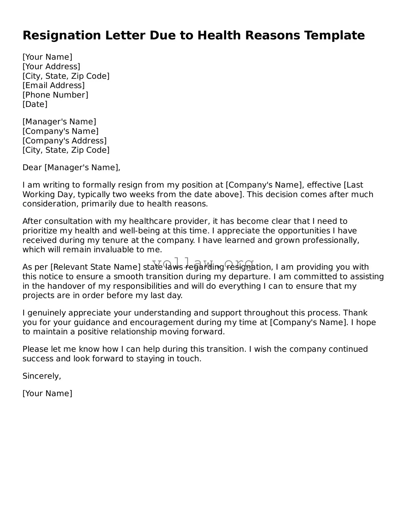 Free Resignation Letter Due to Health Reasons Form